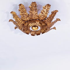 Mid-Century gilt wrought iron leaves flush mount by Ferro Art, Spain, 1950s