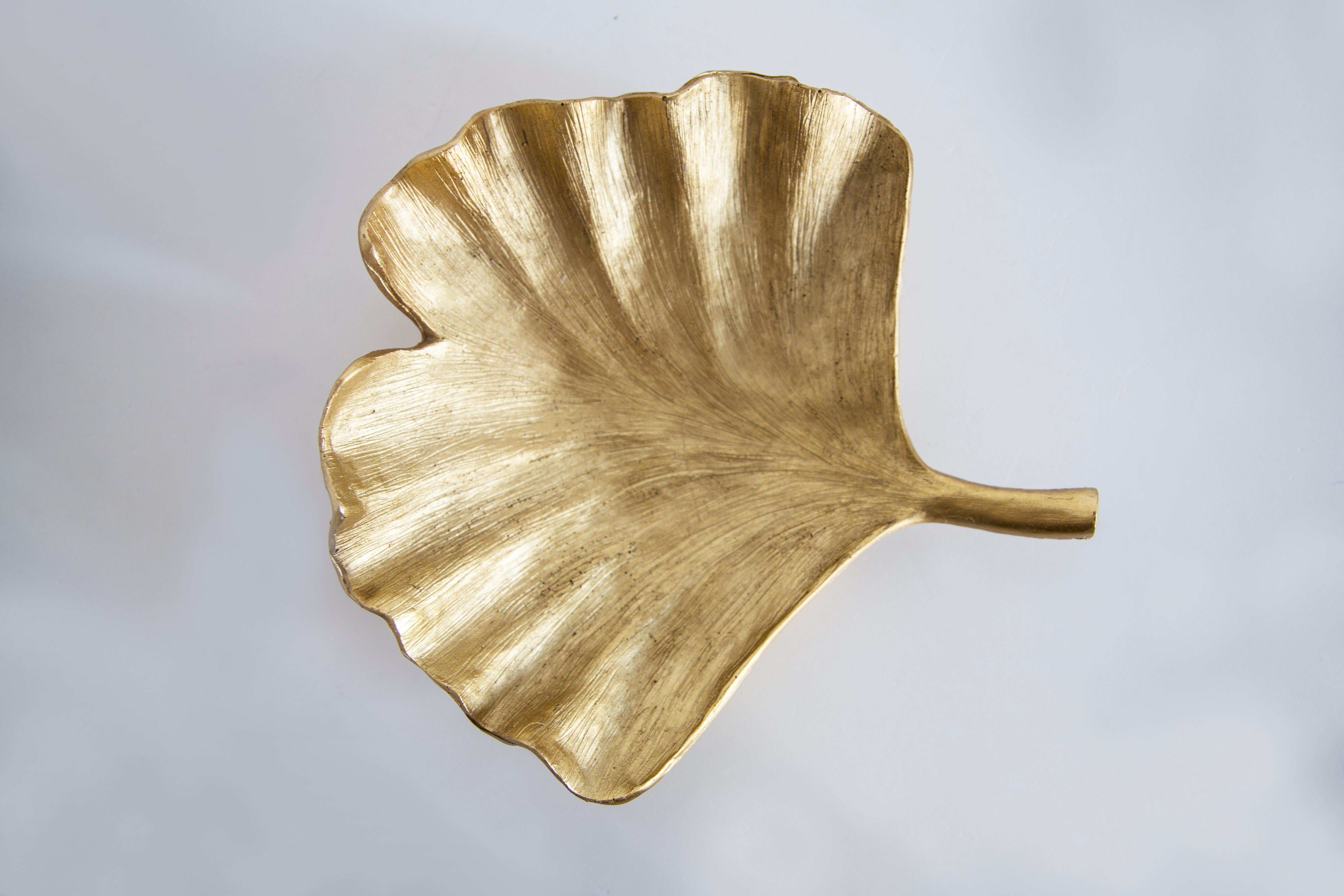 Mid Century Style Ginkgo Biloba Leaf Gold Gypsum Plate, Italy, 2000s 1