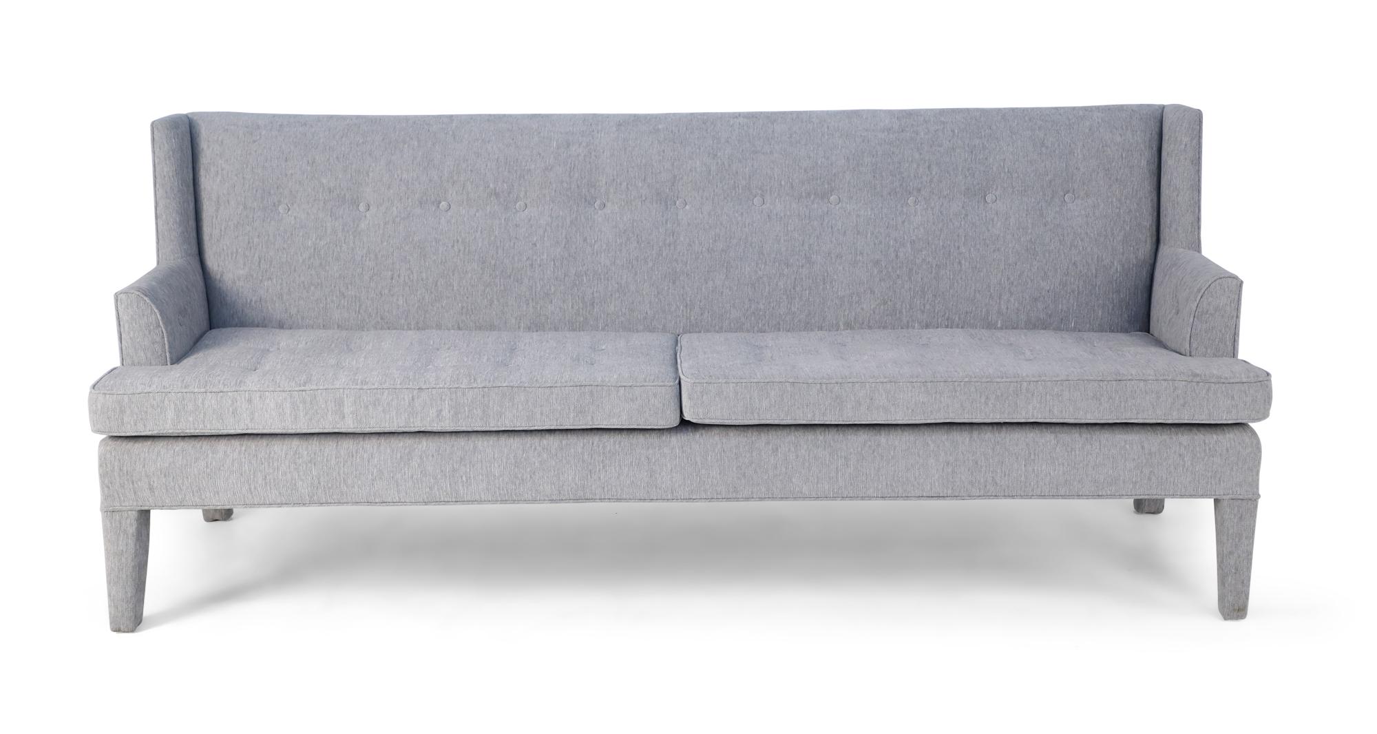 Mid-Century style banquette sofa with light gray Knoll wool upholstery with button tufted seats and backs and tapered wool upholstered legs.