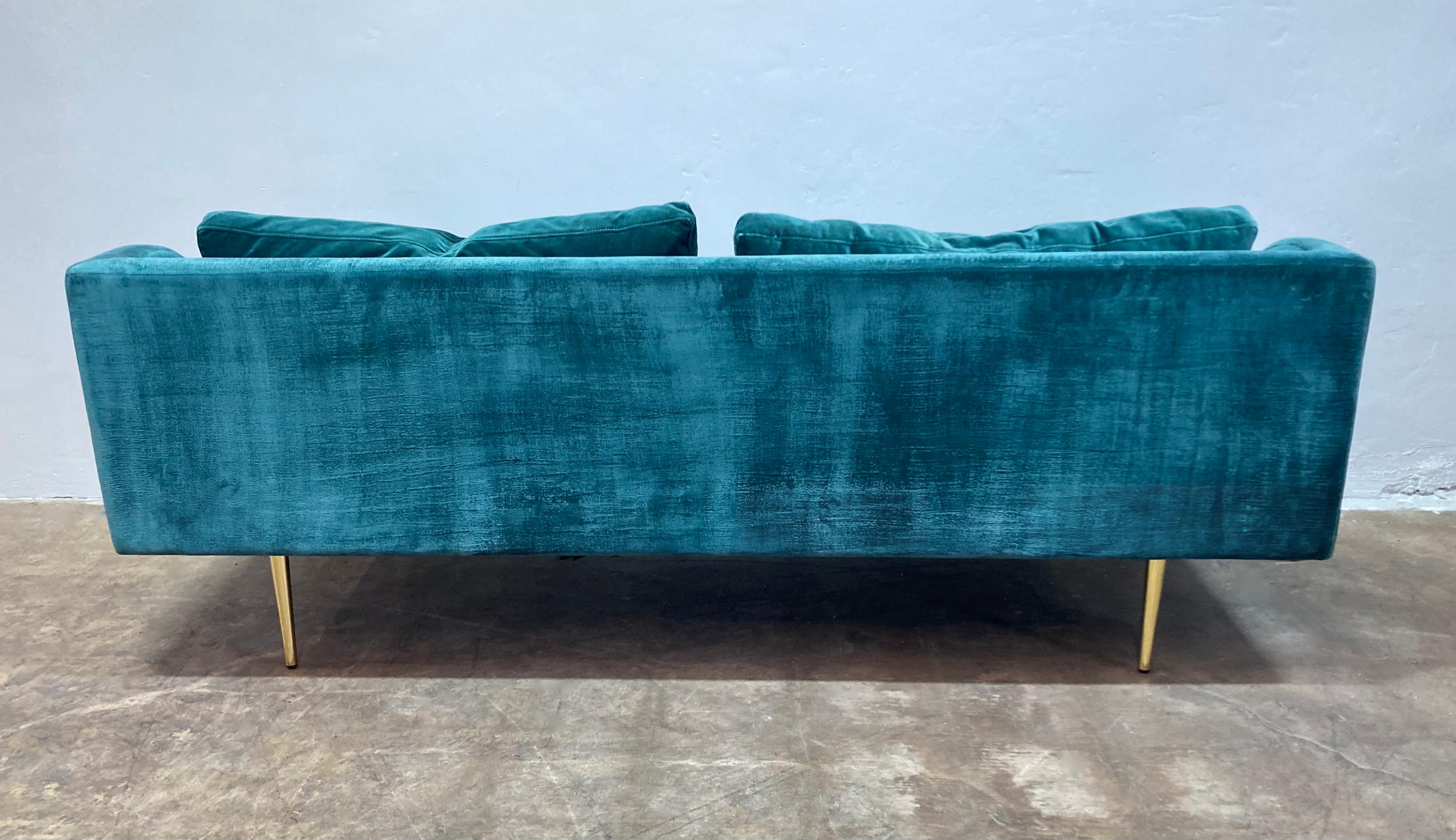 Contemporary Mid-Century Style Green Velvet Sofa For Sale