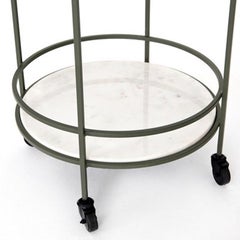 Midcentury Style Iron, Glass, Teak and Marble Circular Bar Cart on Casters