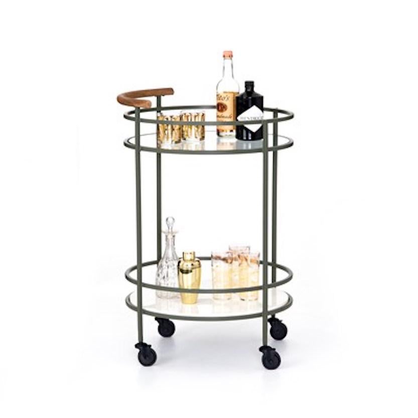 Midcentury Style Iron, Glass, Teak and Marble Circular Bar Cart on Casters In Excellent Condition In Buchanan, MI