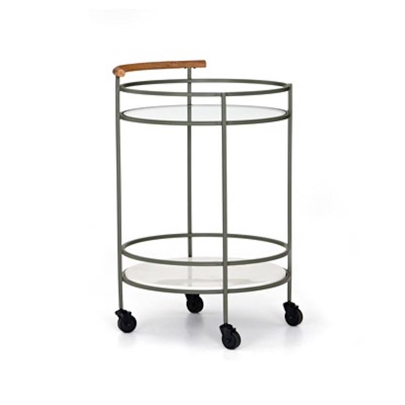 20th Century Midcentury Style Iron, Glass, Teak and Marble Circular Bar Cart on Casters