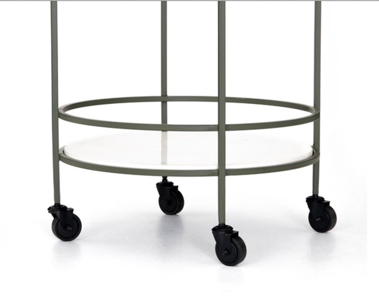 Midcentury Style Iron, Glass, Teak and Marble Circular Bar Cart on Casters 1