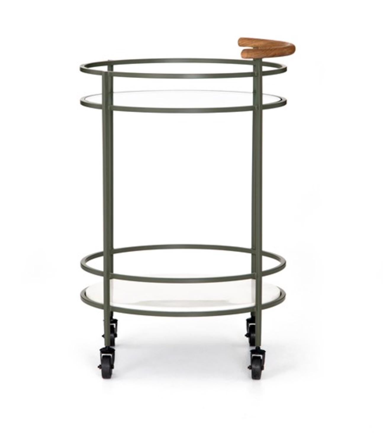 Midcentury Style Iron, Glass, Teak and Marble Circular Bar Cart on Casters 2