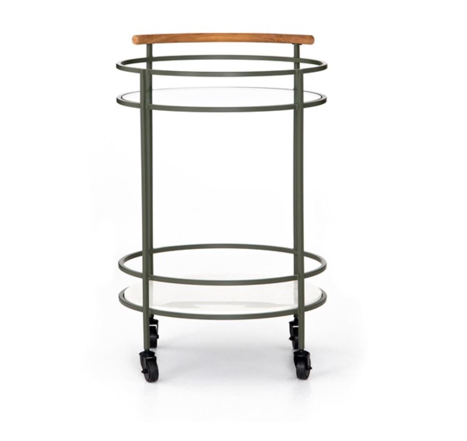 Midcentury Style Iron, Glass, Teak and Marble Circular Bar Cart on Casters 3