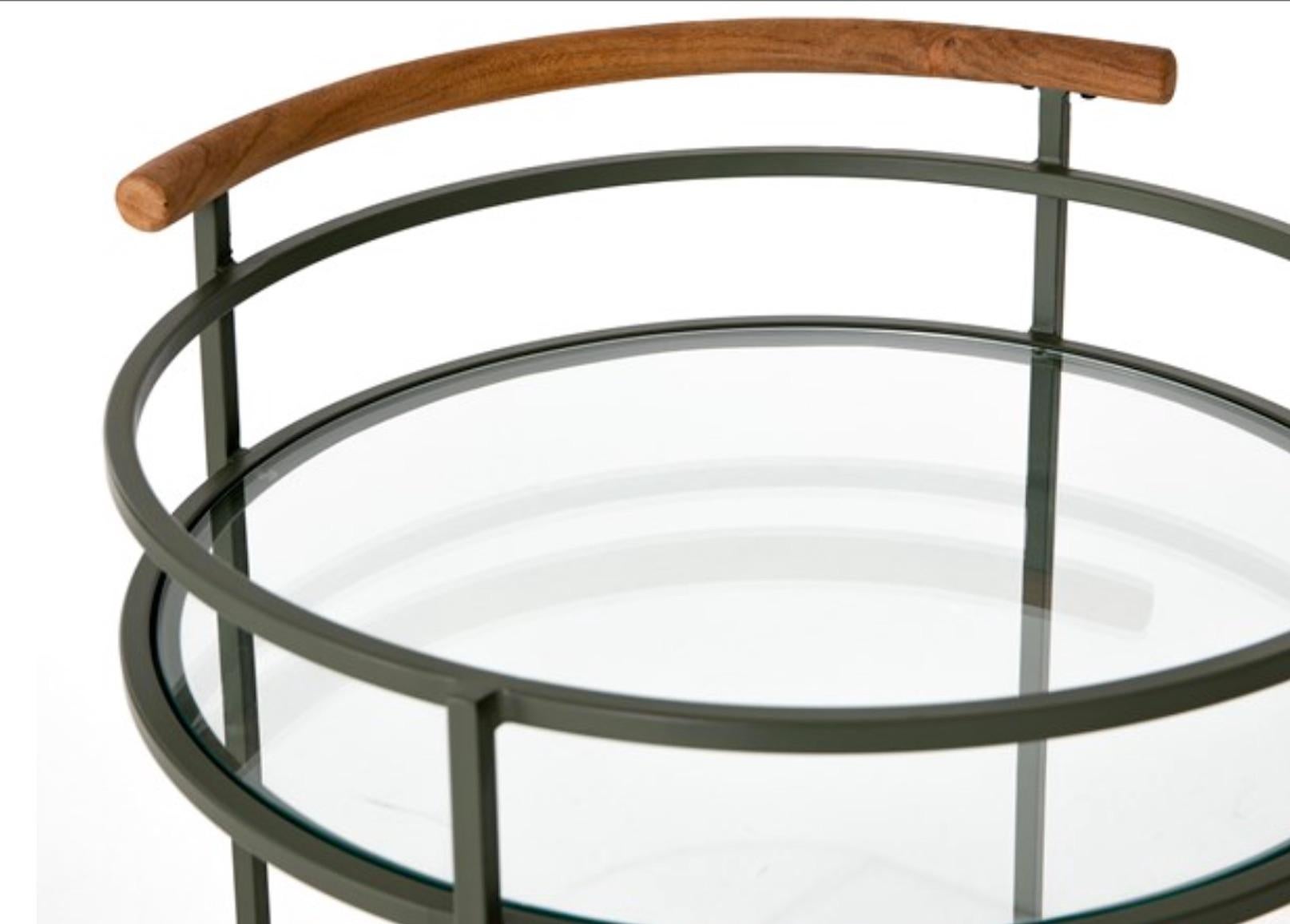 Midcentury Style Iron, Glass, Teak and Marble Circular Bar Cart on Casters 4