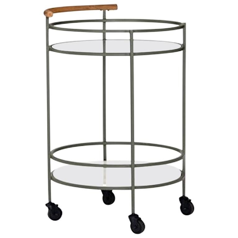 Midcentury Style Iron, Glass, Teak and Marble Circular Bar Cart on Casters
