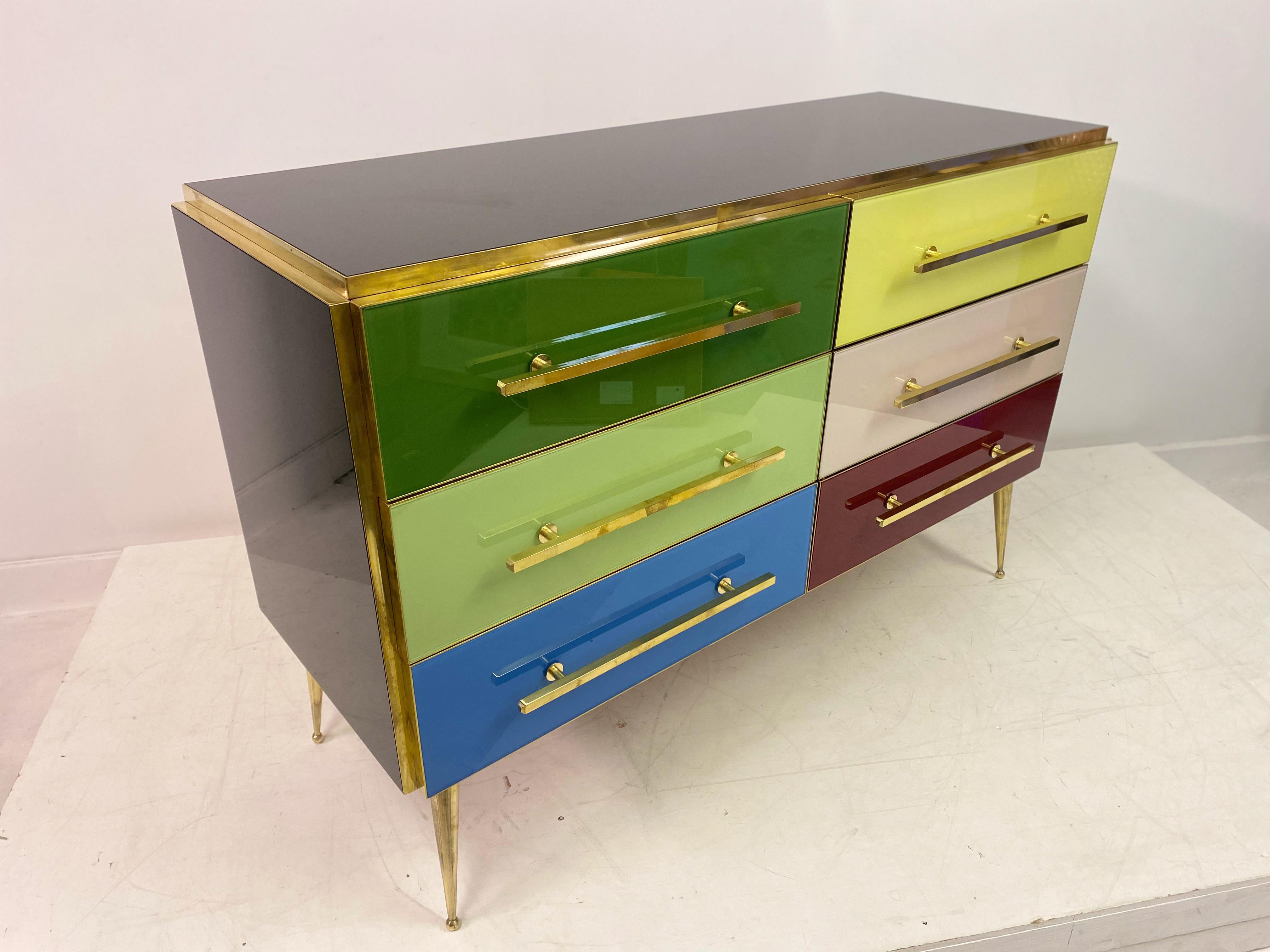 Mid Century Style Italian Coloured Glass and Brass Chest of Drawers For Sale 8