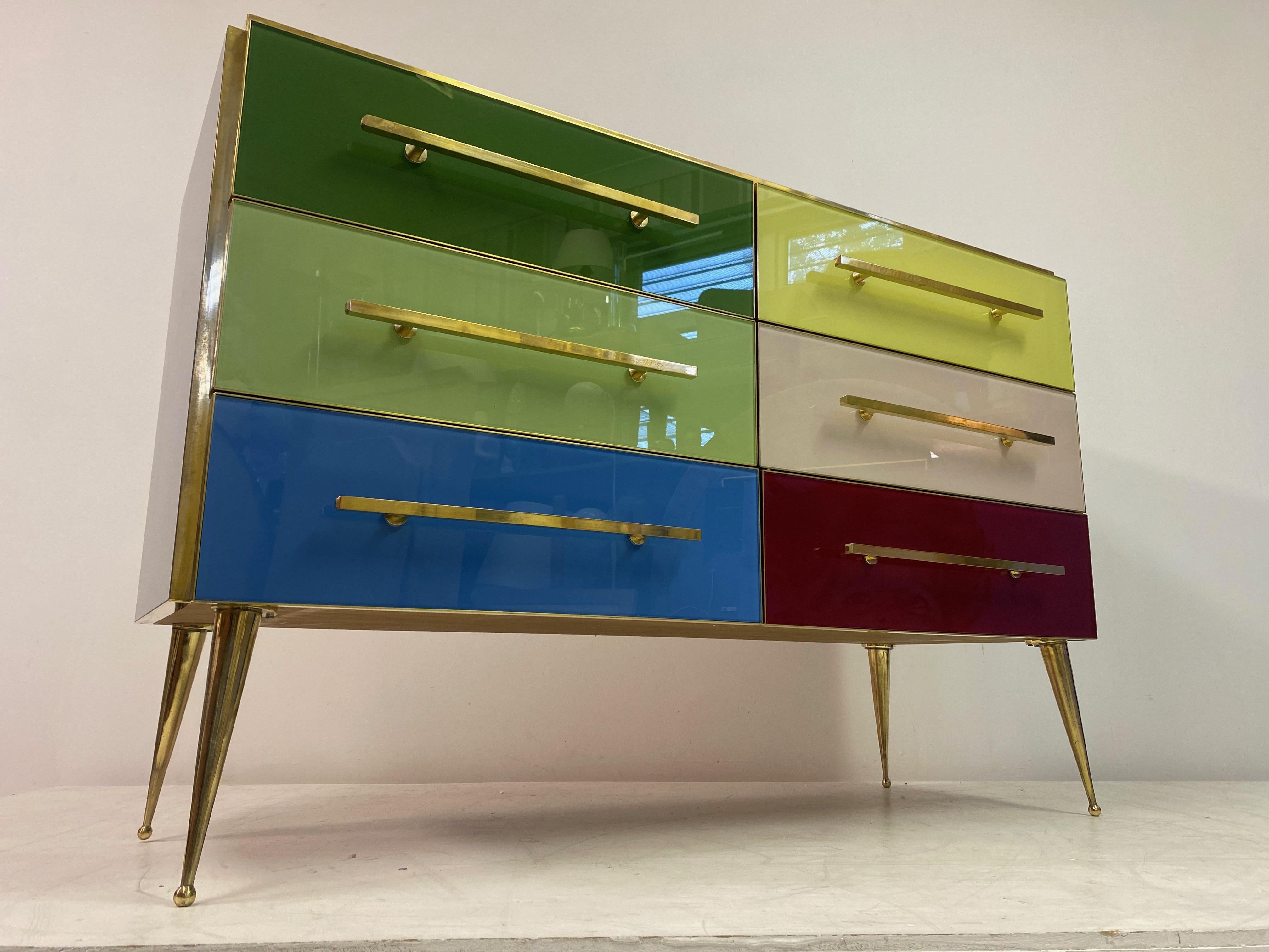 Mid Century Style Italian Coloured Glass and Brass Chest of Drawers For Sale 9