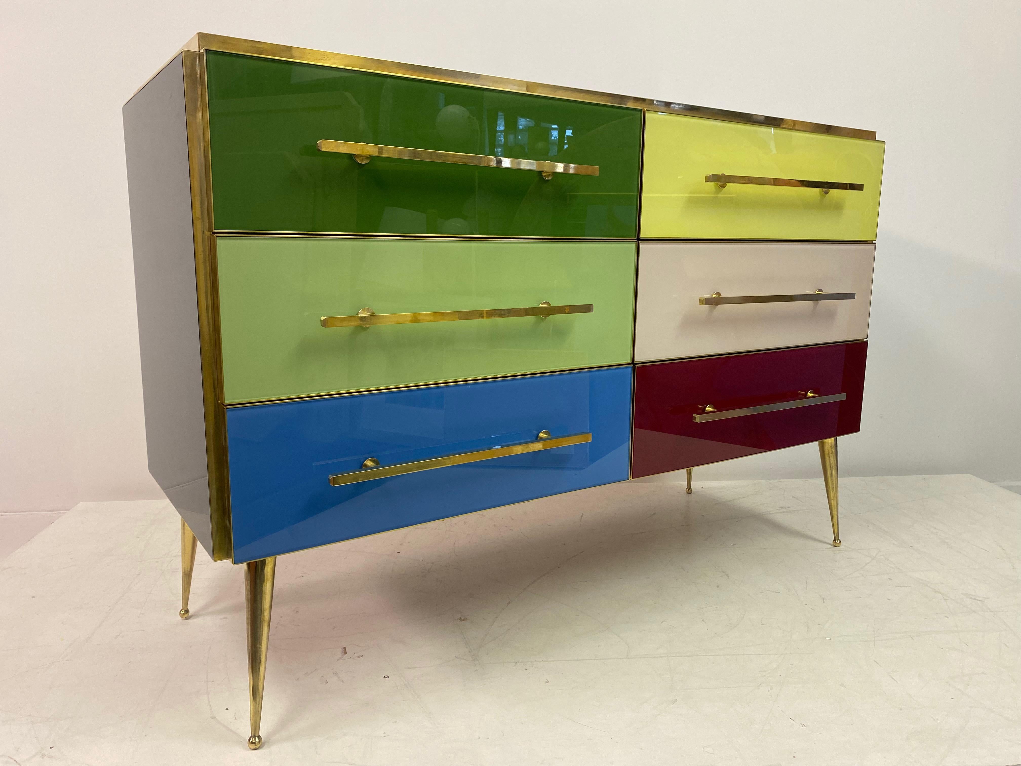 Mid Century Style Italian Coloured Glass and Brass Chest of Drawers For Sale 10