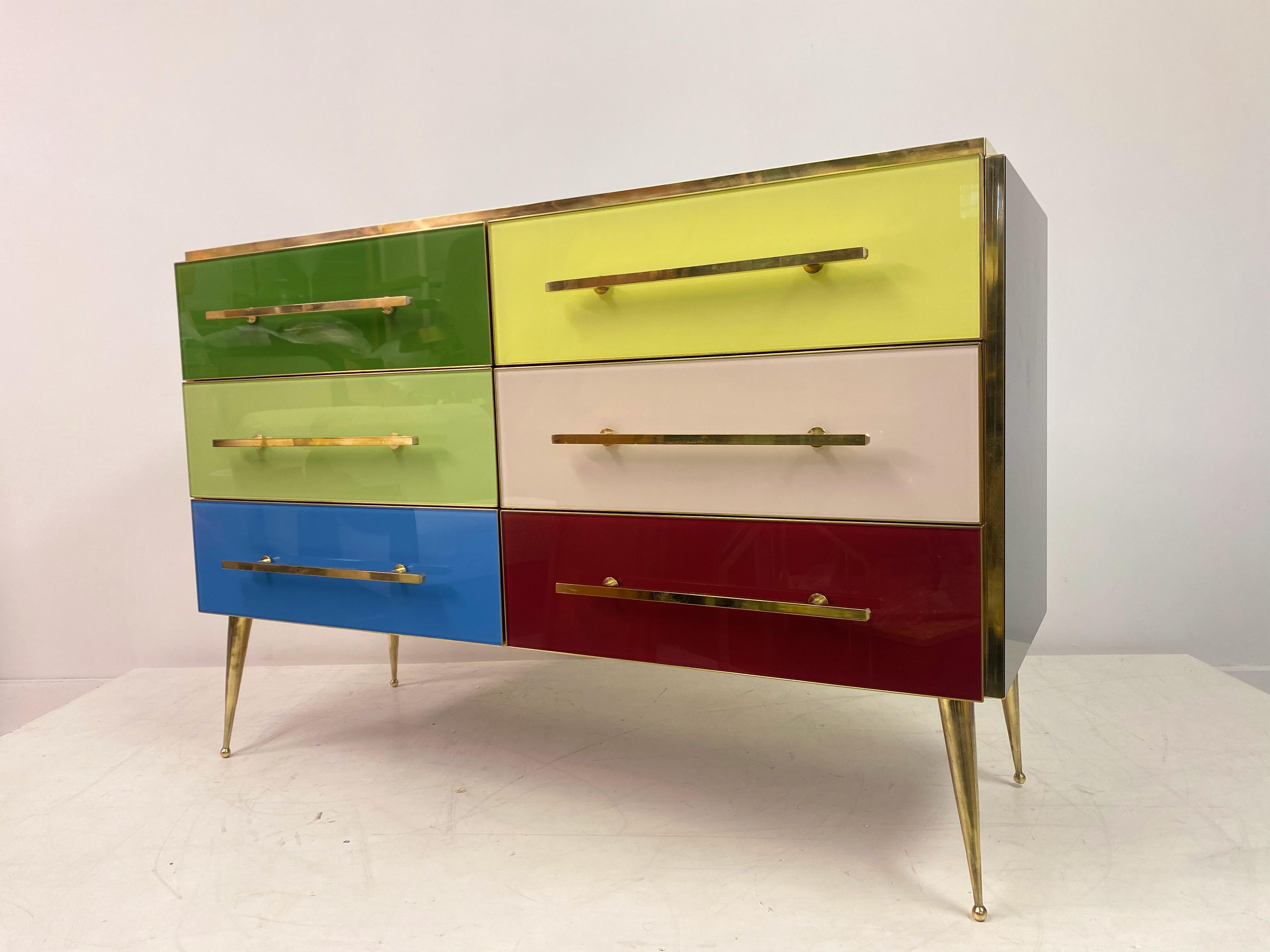 Mid Century Style Italian Coloured Glass and Brass Chest of Drawers For Sale 11