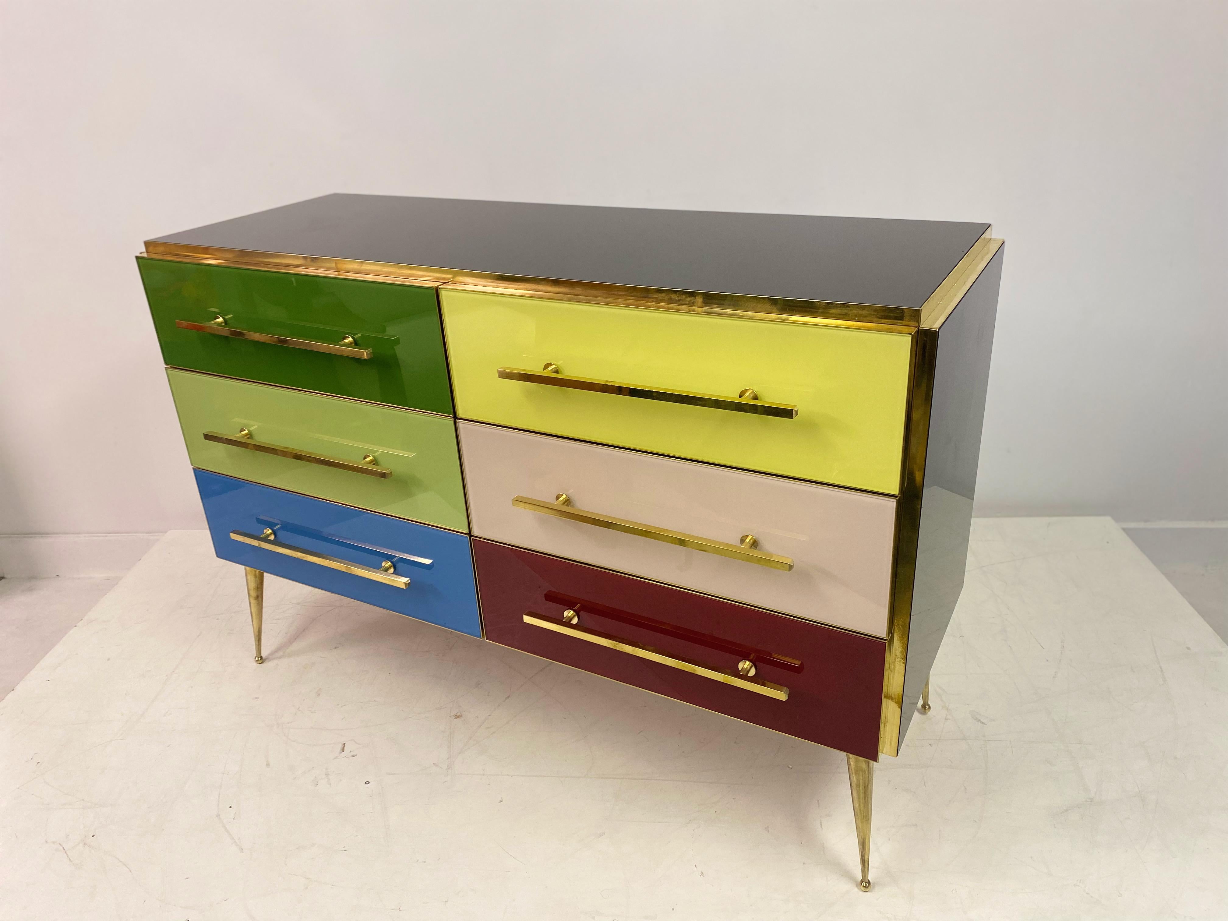 Mid Century Style Italian Coloured Glass and Brass Chest of Drawers For Sale 12