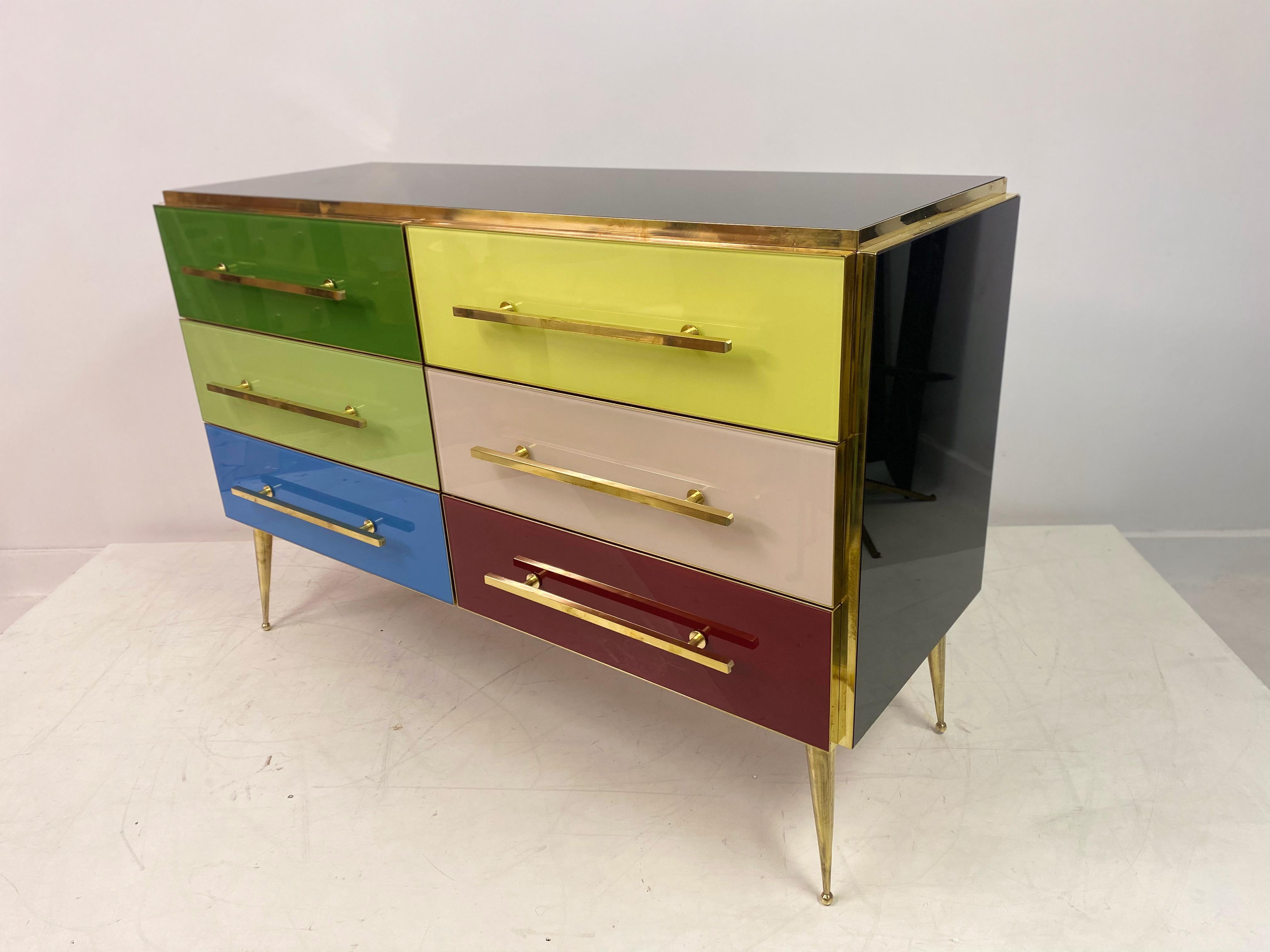 Mid Century Style Italian Coloured Glass and Brass Chest of Drawers For Sale 13