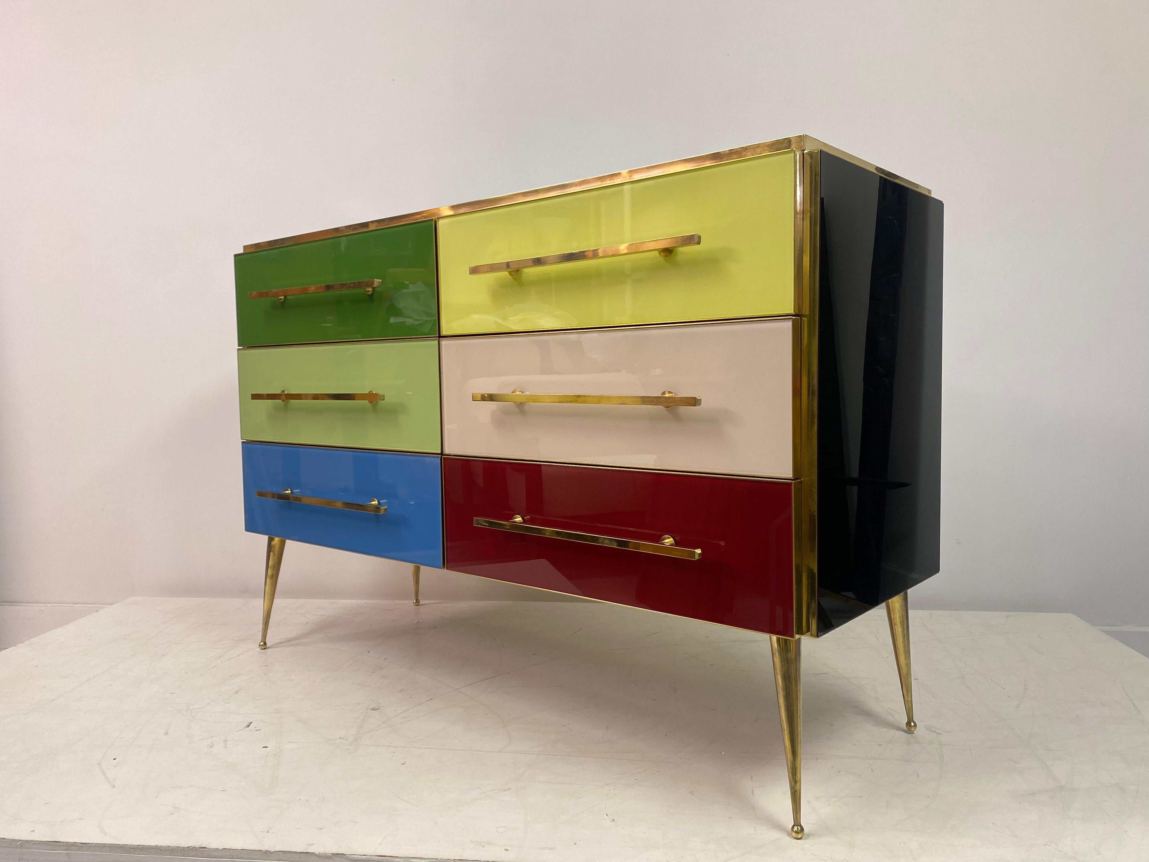 Mid Century Style Italian Coloured Glass and Brass Chest of Drawers For Sale 14
