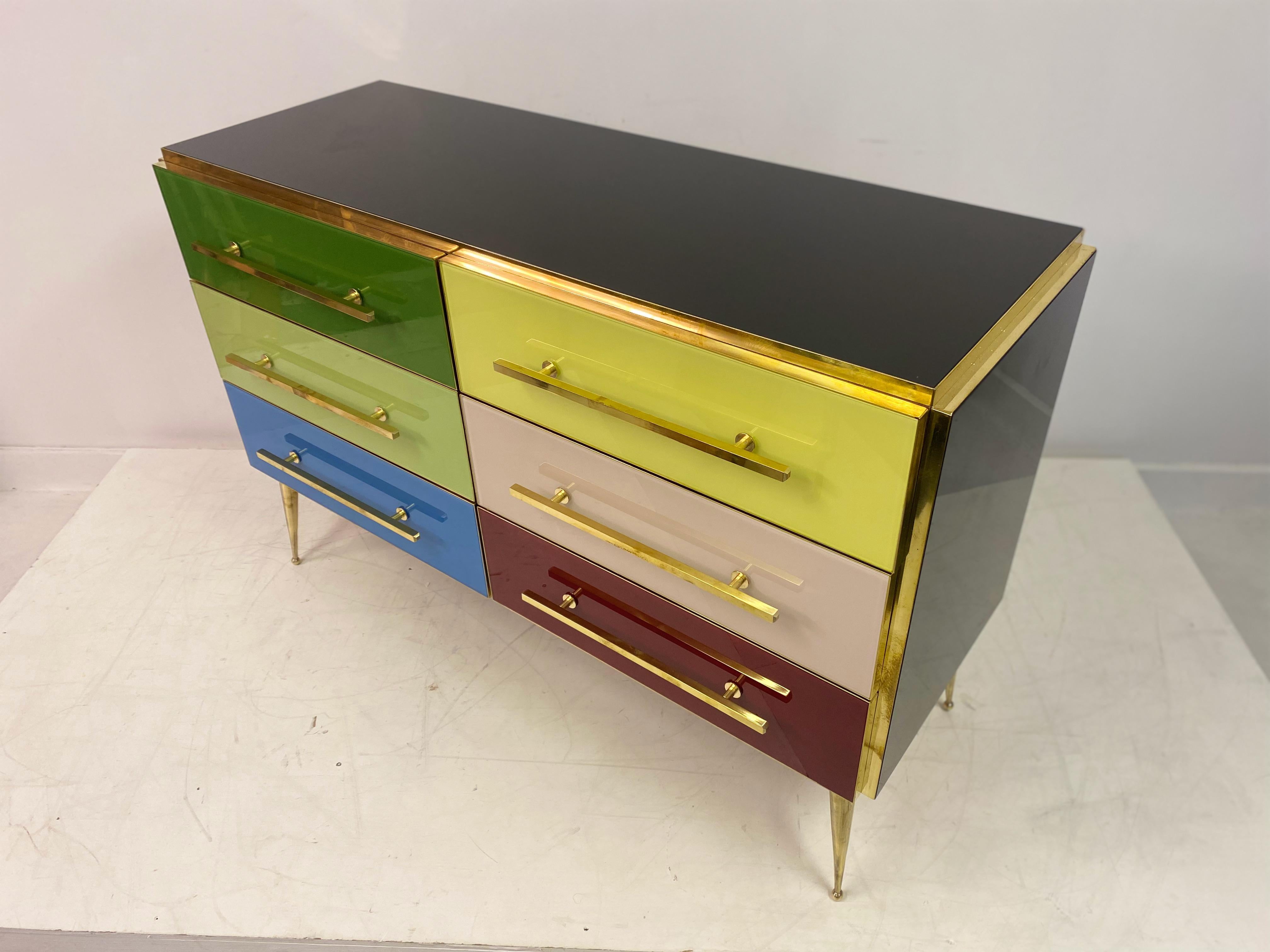 Mid Century Style Italian Coloured Glass and Brass Chest of Drawers For Sale 15
