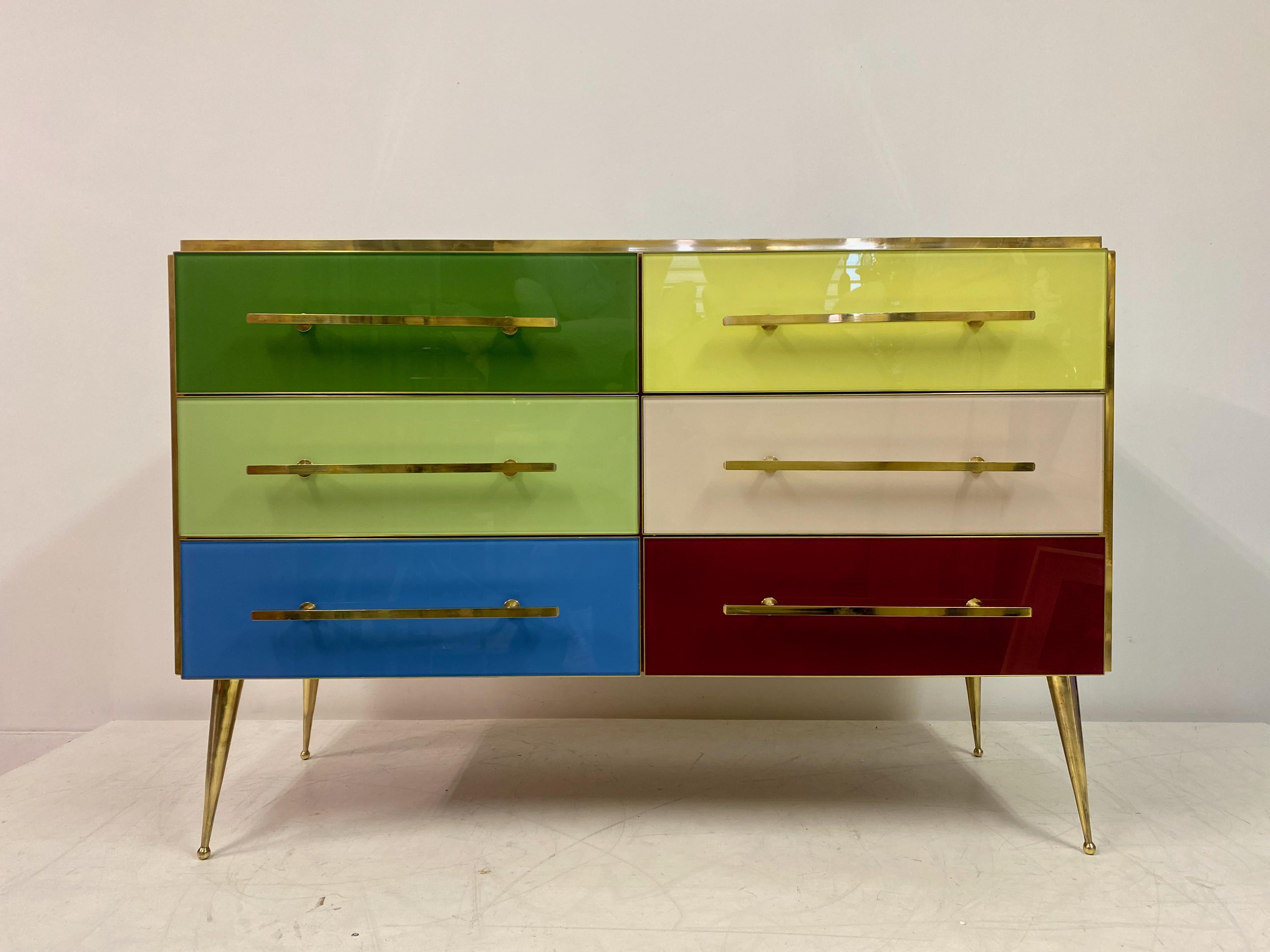 Mid Century Style Italian Coloured Glass and Brass Chest of Drawers In New Condition For Sale In London, London