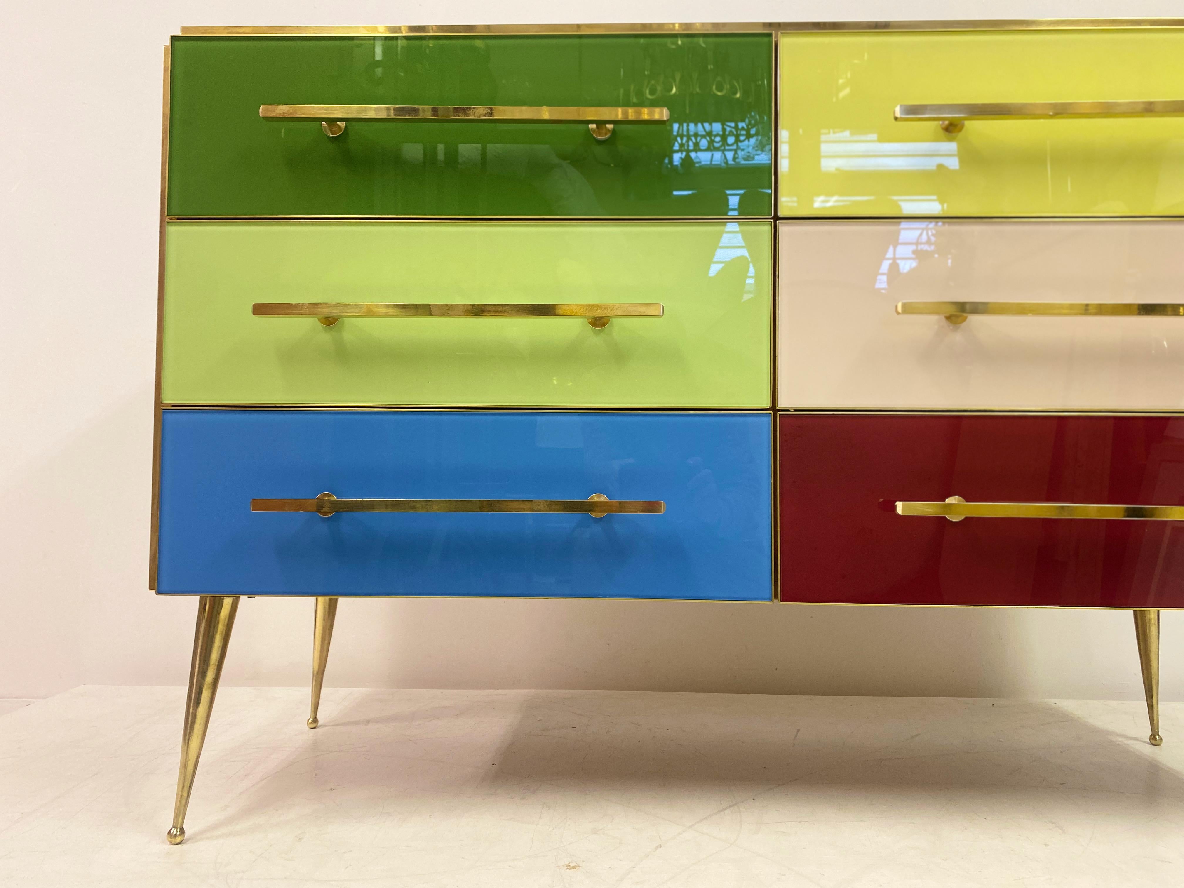Contemporary Mid Century Style Italian Coloured Glass and Brass Chest of Drawers For Sale