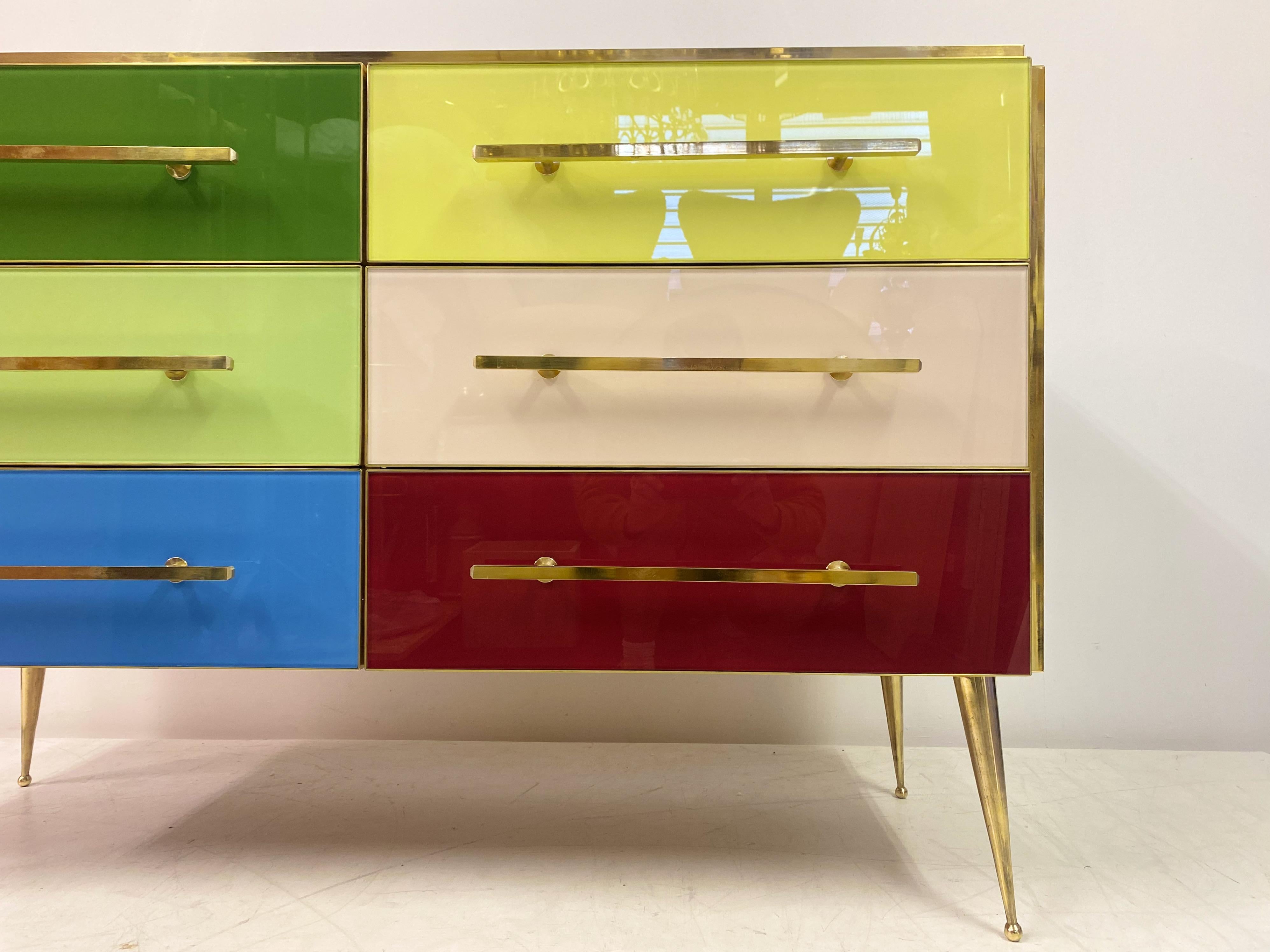 Mid Century Style Italian Coloured Glass and Brass Chest of Drawers For Sale 1
