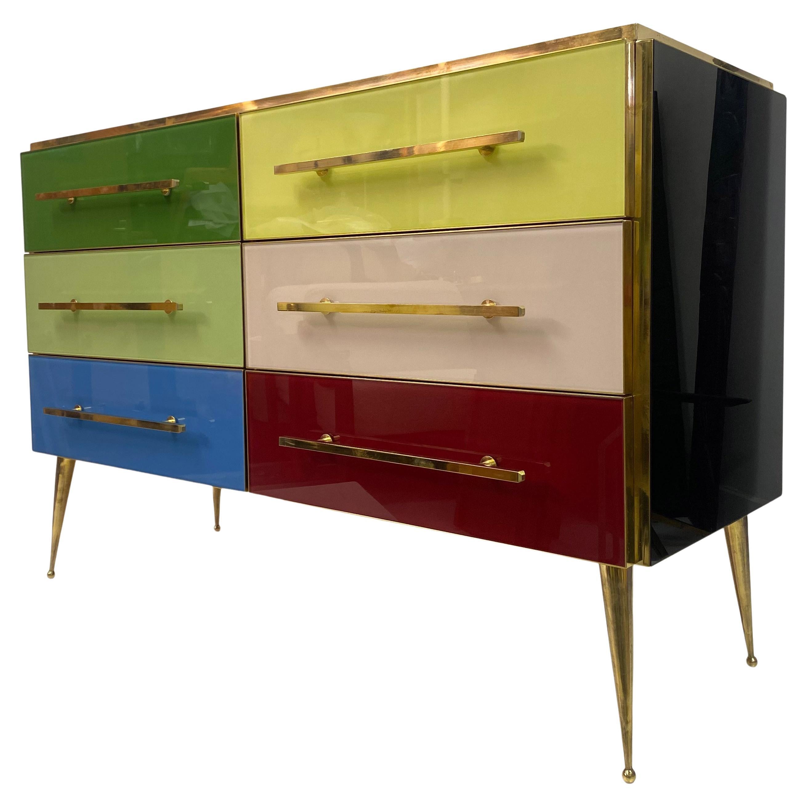 Mid Century Style Italian Coloured Glass and Brass Chest of Drawers For Sale