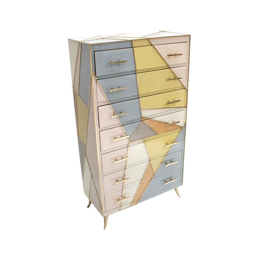 Large commode composed of seven drawers designed by L.A.Studio. Made of solid wood structure covered with colored Murano glass. Legs, handles and profiles are made of solid brass. Italian manufacture.

Production time between 5 and 6 weeks.