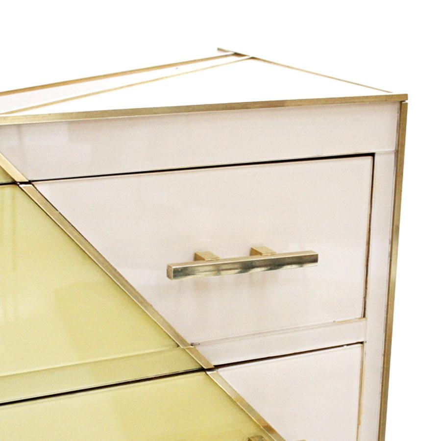 Contemporary Midcentury Style Italian Commode Made of Solid Wood Colored Glass and Brass For Sale