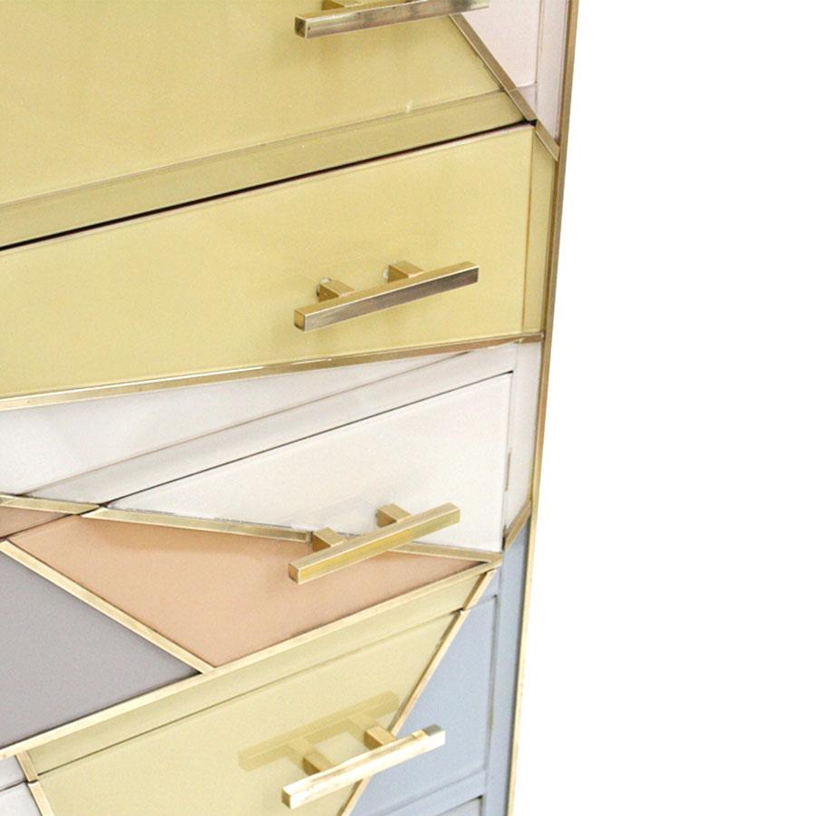 Midcentury Style Italian Commode Made of Solid Wood Colored Glass and Brass For Sale 1