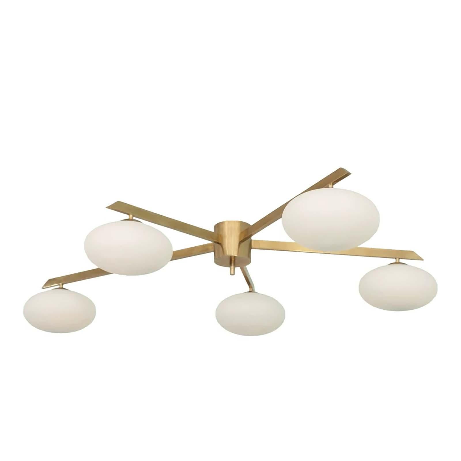 Mid-Century Modern Mid-Century Style Italian Five Arms Chandelier, Brass and Opaline Glass Globes For Sale