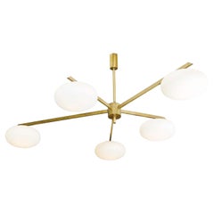 Mid-Century Style Italian Five Arms Chandelier, Brass and Opaline Glass Globes