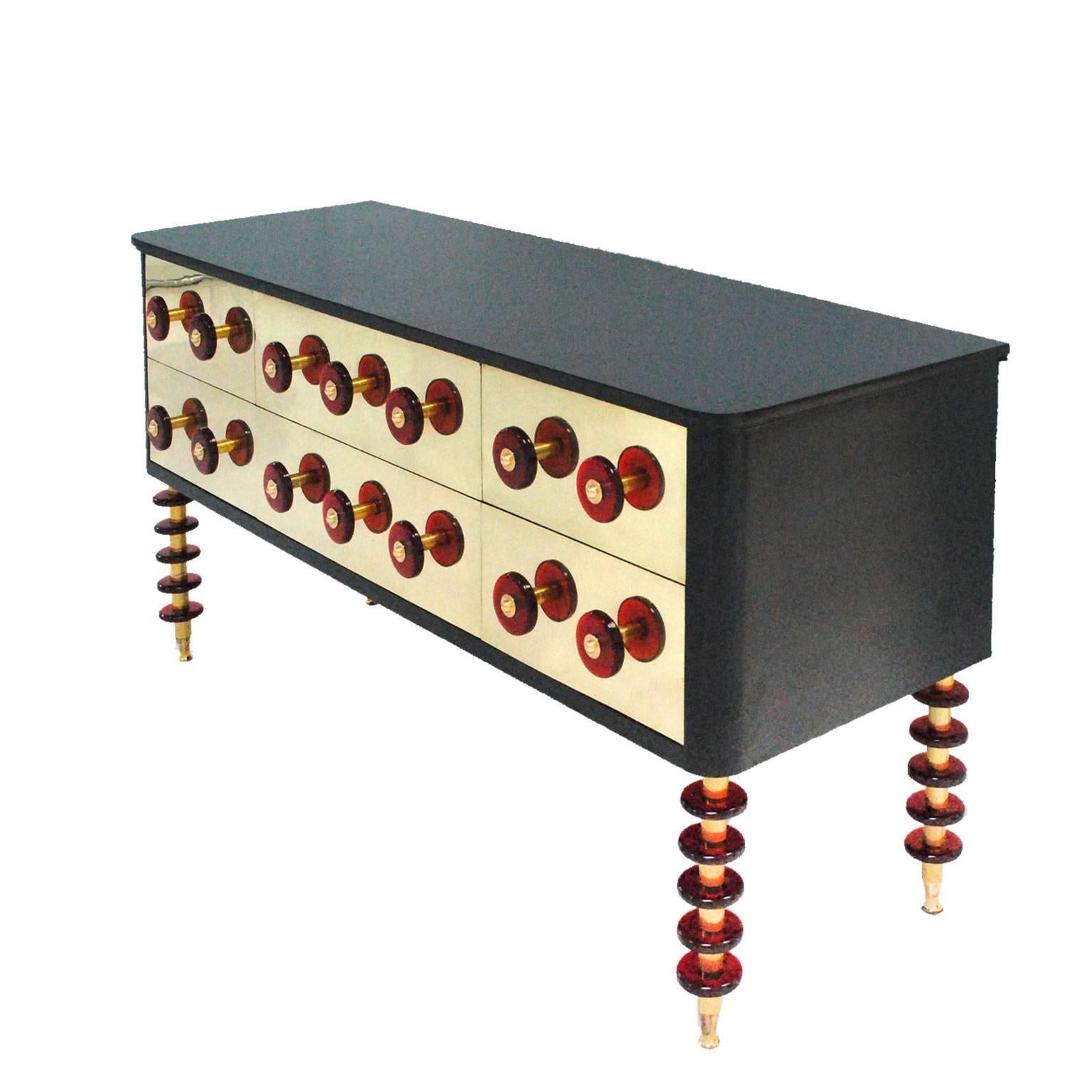 Mid-Century Modern Midcentury Style Italian Sideboard Made of Solid Wood Murano Glass and Brass For Sale