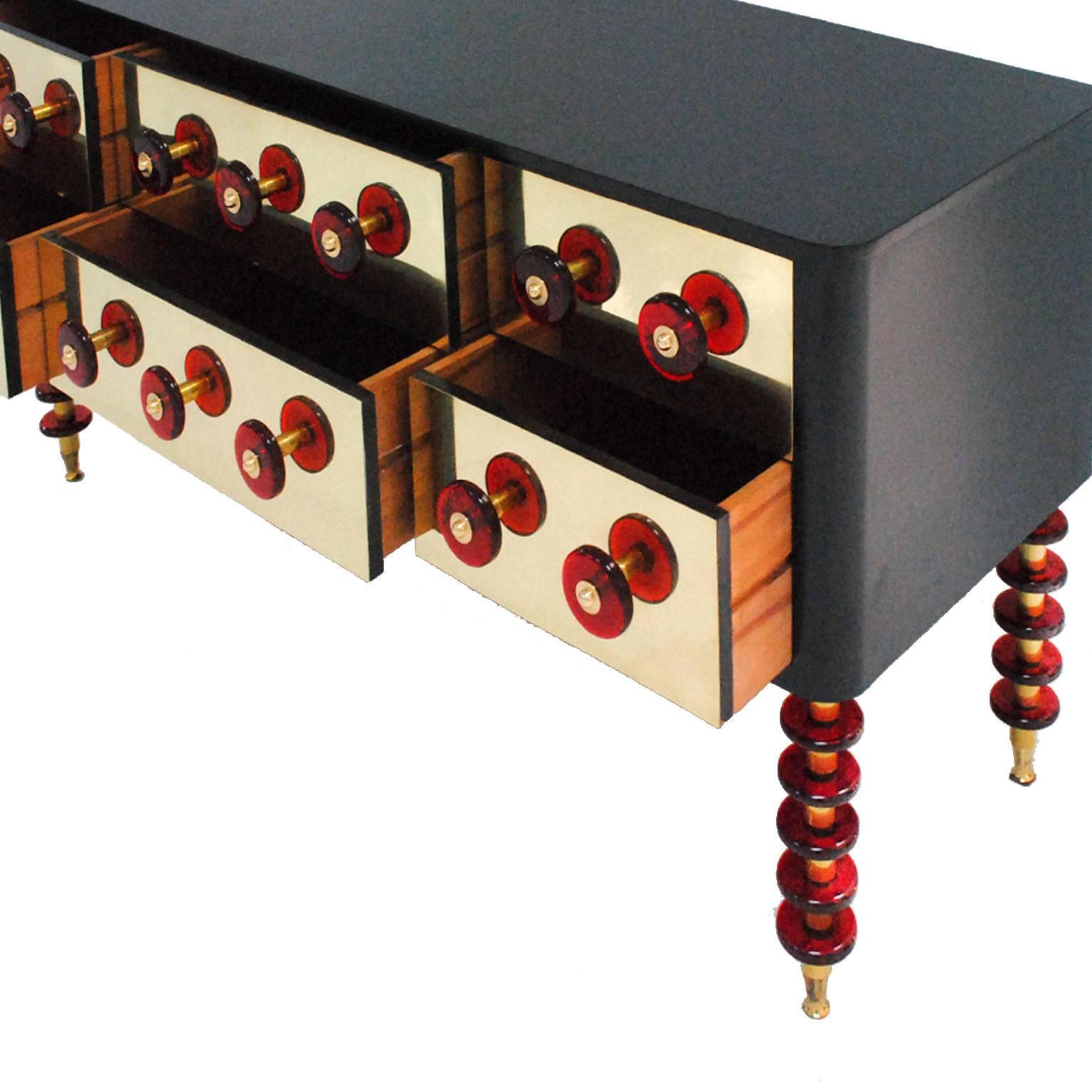 Contemporary Midcentury Style Italian Sideboard Made of Solid Wood Murano Glass and Brass For Sale