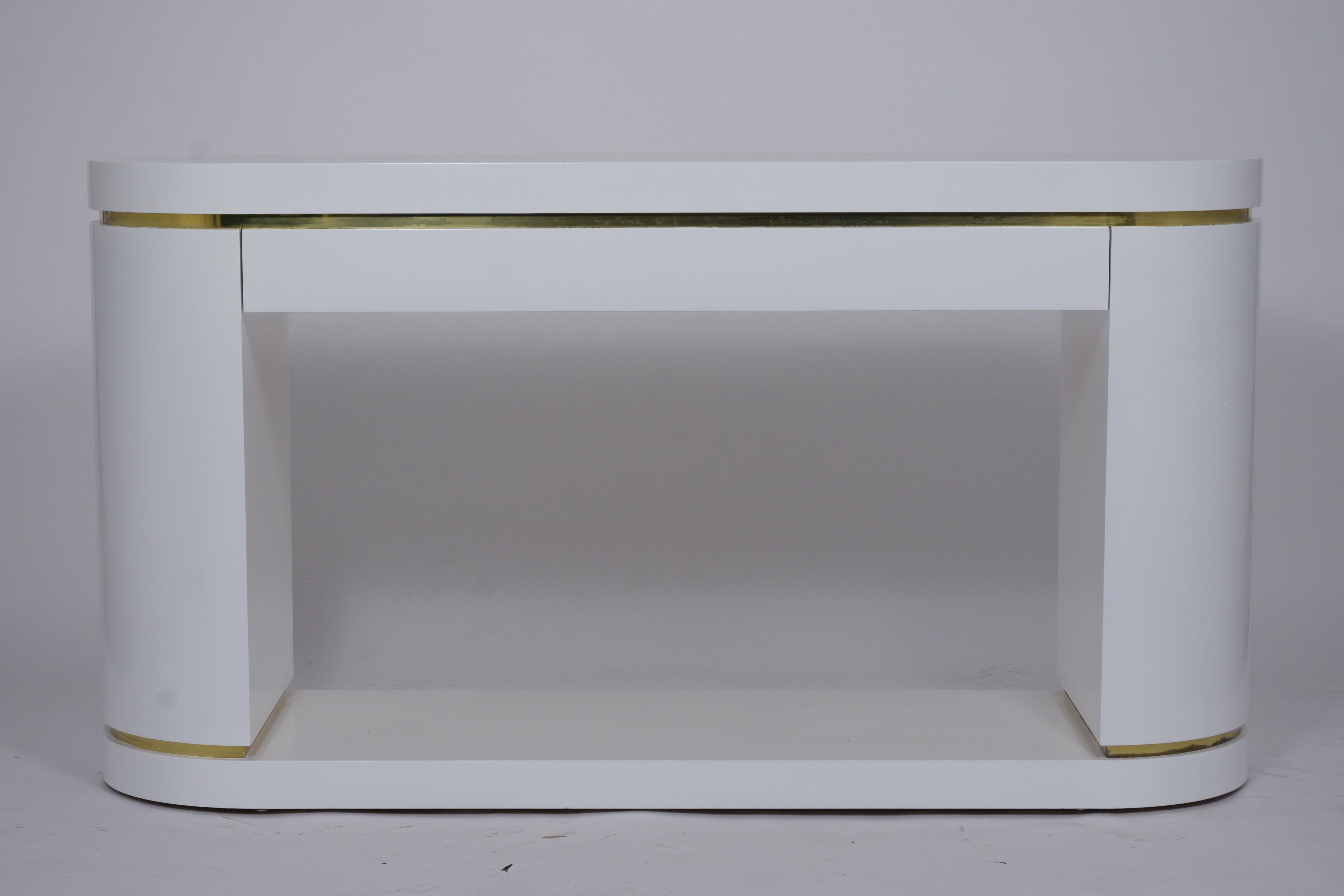 Vintage Mid-Century White Lacquered Console Table with Brass Accents For Sale 4