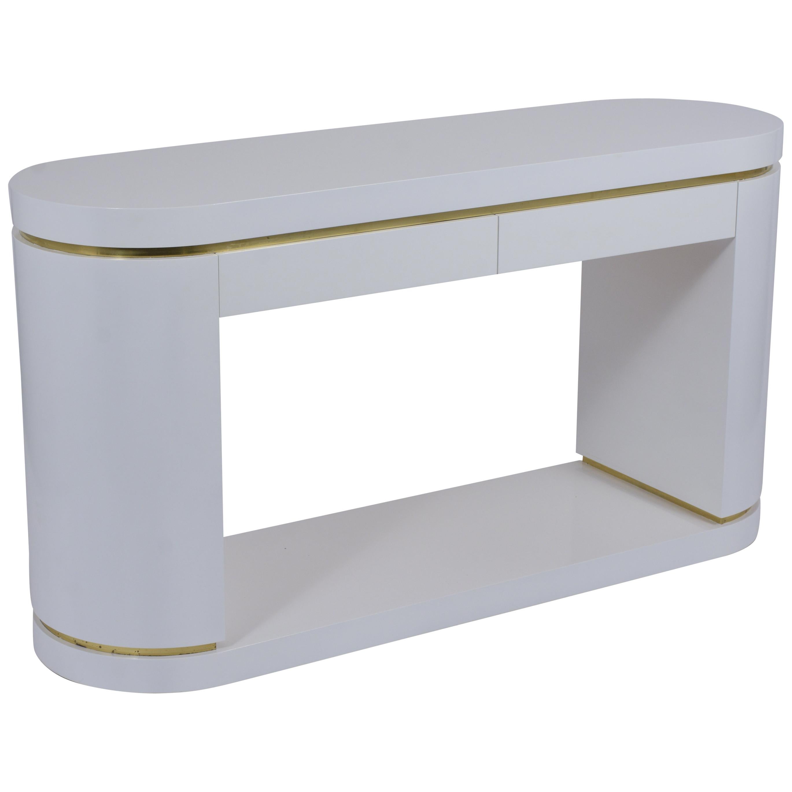 Vintage Mid-Century White Lacquered Console Table with Brass Accents