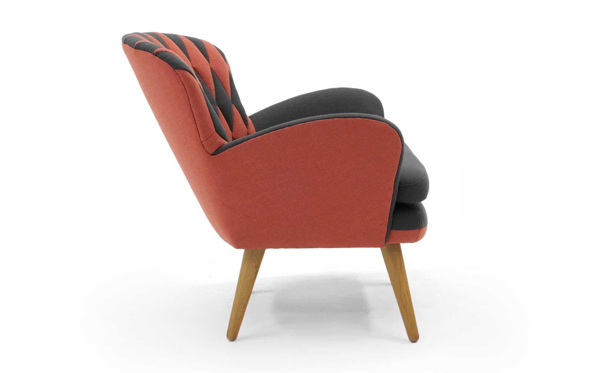 American Mid Century Style Lounge Chair, Salmon & Gray Diamond Back Upholstery Like New