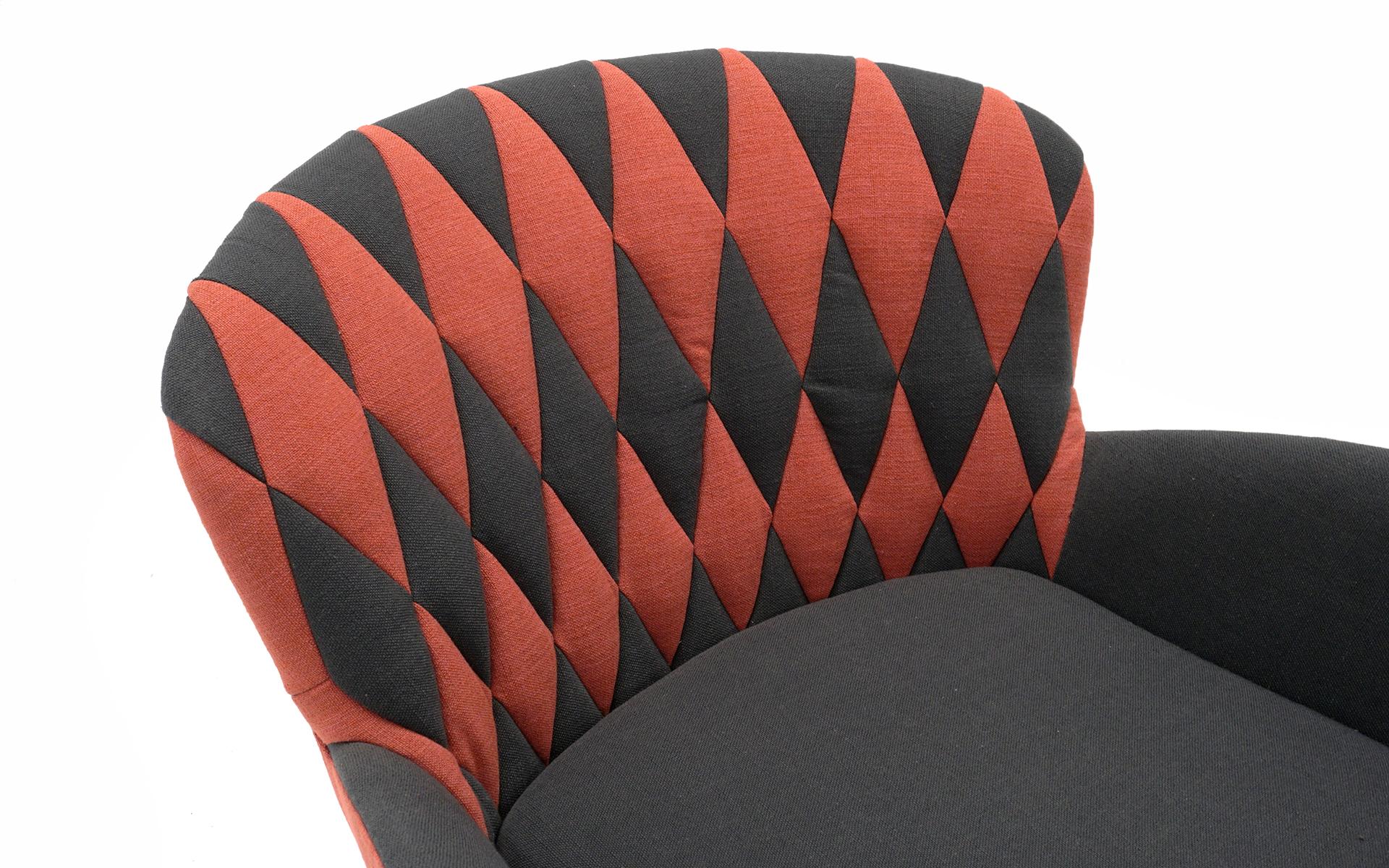 Mid Century Style Lounge Chair, Salmon & Gray Diamond Back Upholstery Like New 1