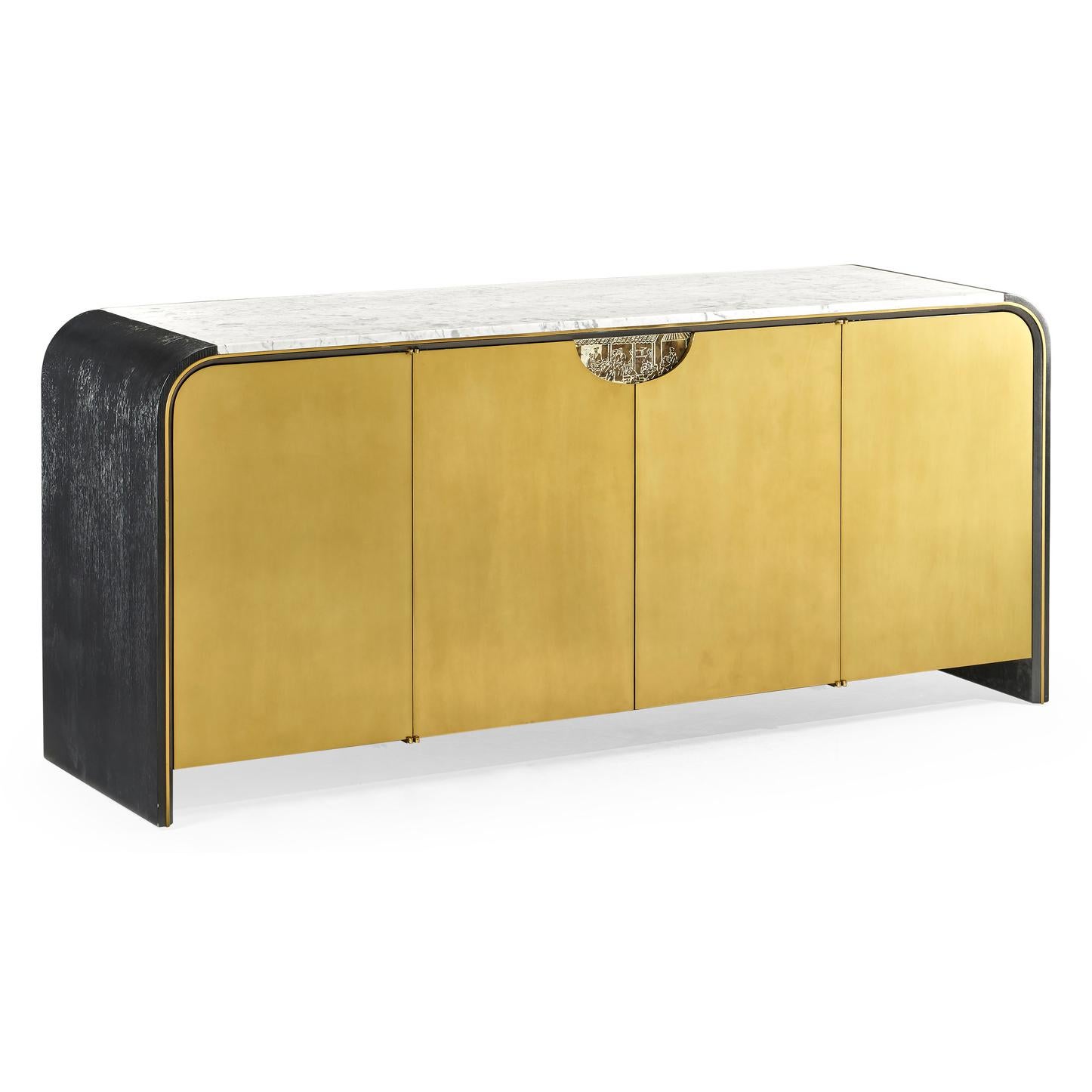 Mid-Century Modern style credenza with a white marble inset top, ebonized oak sides and panels, with four brass overlaid doors. The interiors with shelves and the center section with a chinoiserie decorated etched brass drawer front.

Dimensions: