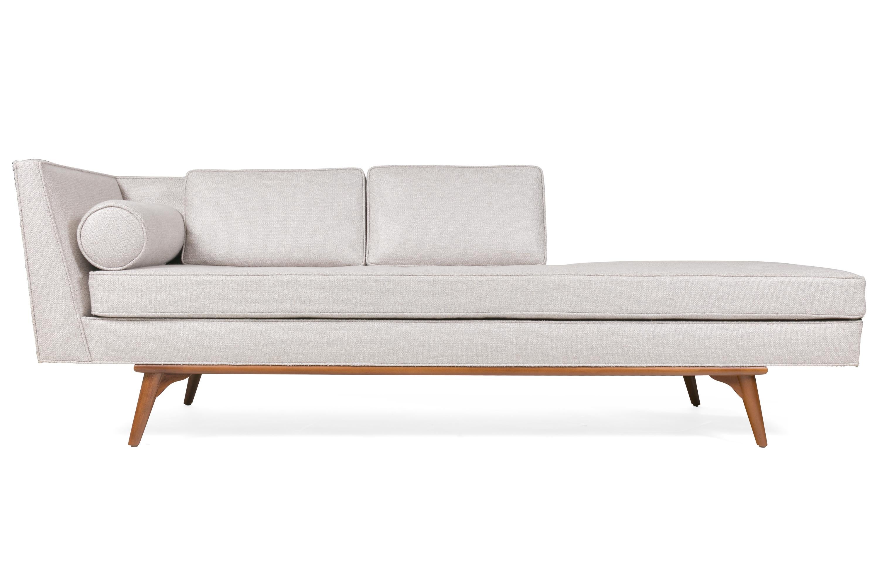Sleek chaise lounge appeal with the added function of a more standard sofa design. Features a tufted seat cushion, and a pair of down back cushions and cylinder bolster. Available with a right or left arm, and can be customized to the customers