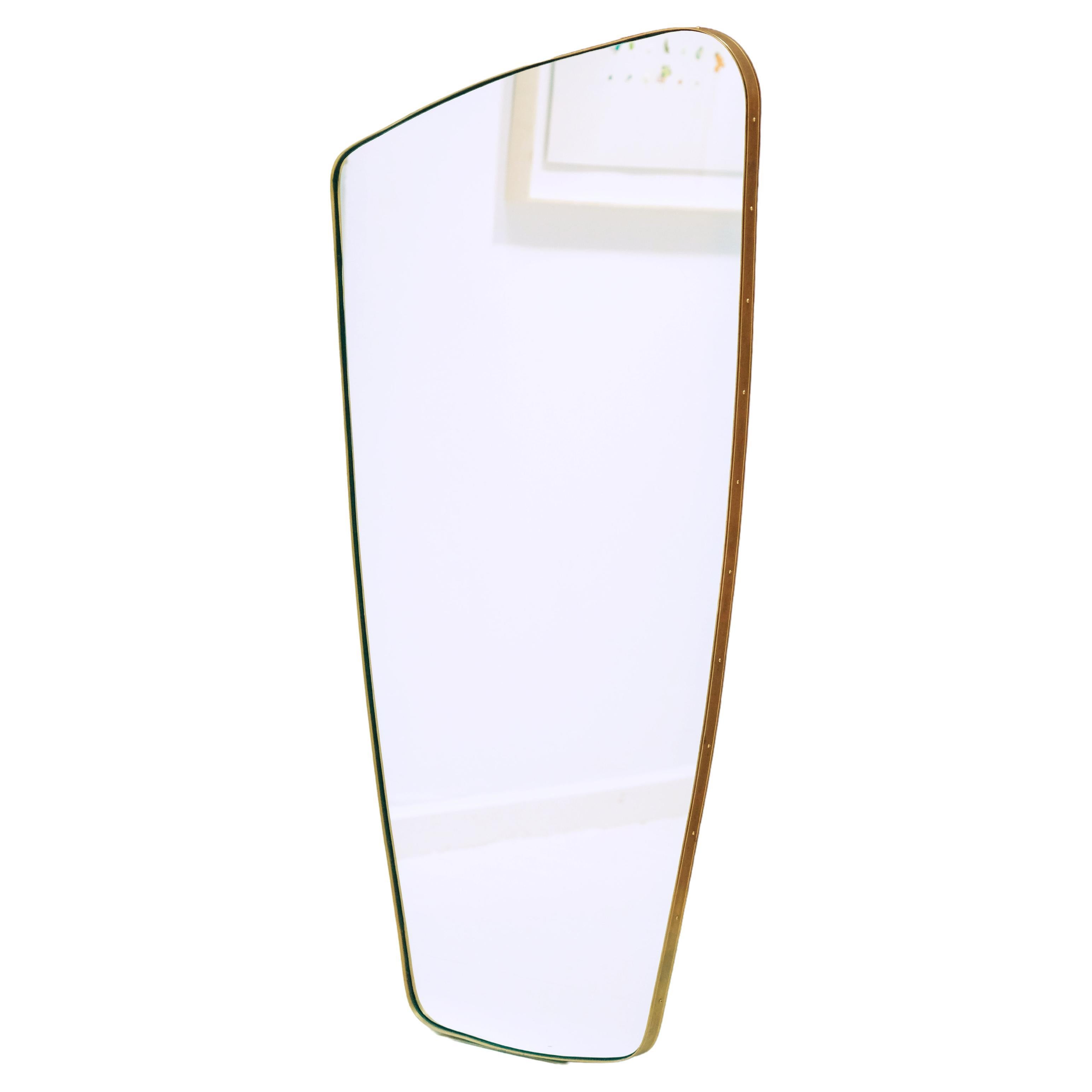 Mid-Century Style Mirror Irregular Shape & Embossed Brass Frame Medium For Sale