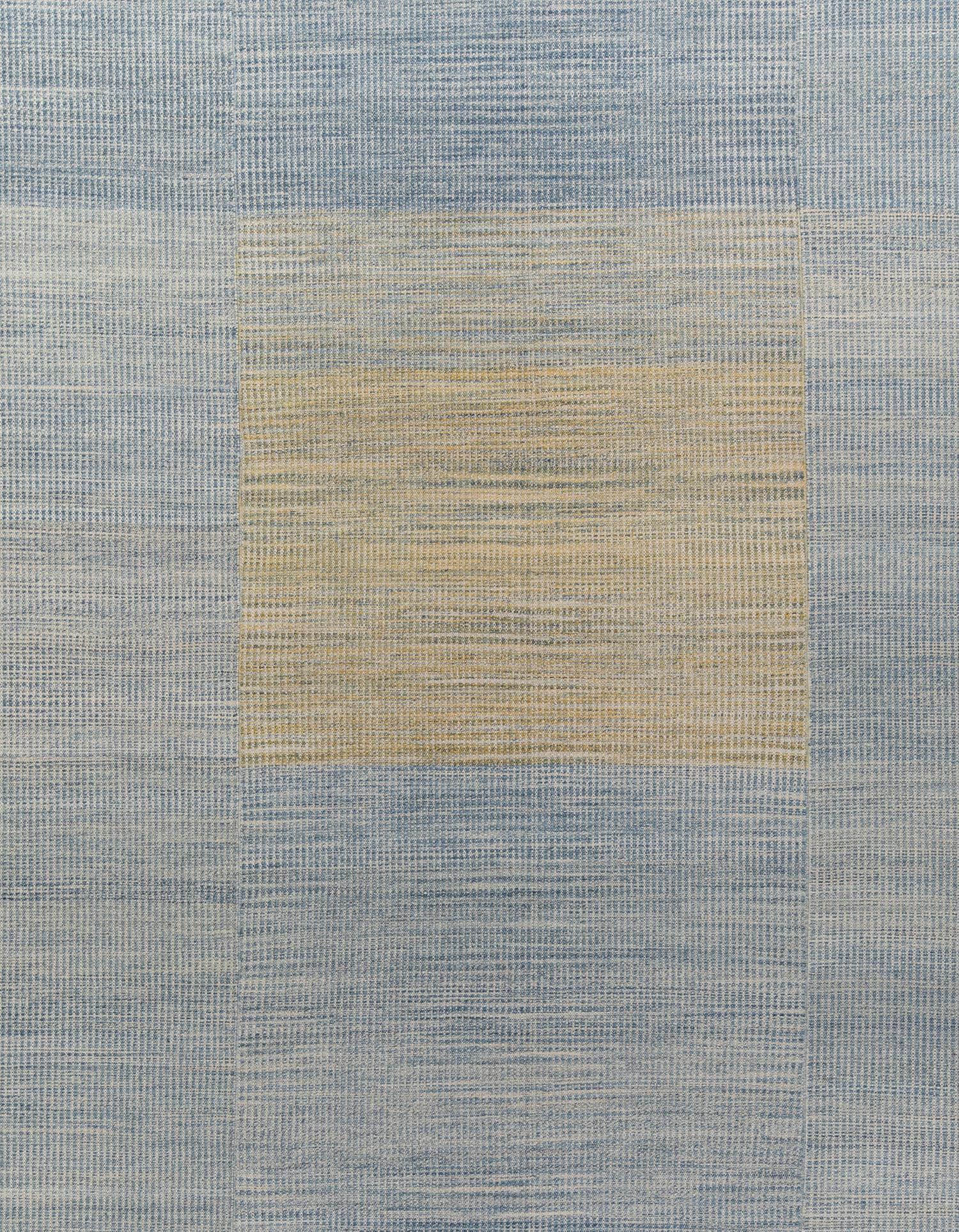 Moderner minimalistischer Flachgewebe-Wollteppich im Mid-Century-Stil in Blau und Gelb (Moderne der Mitte des Jahrhunderts) im Angebot