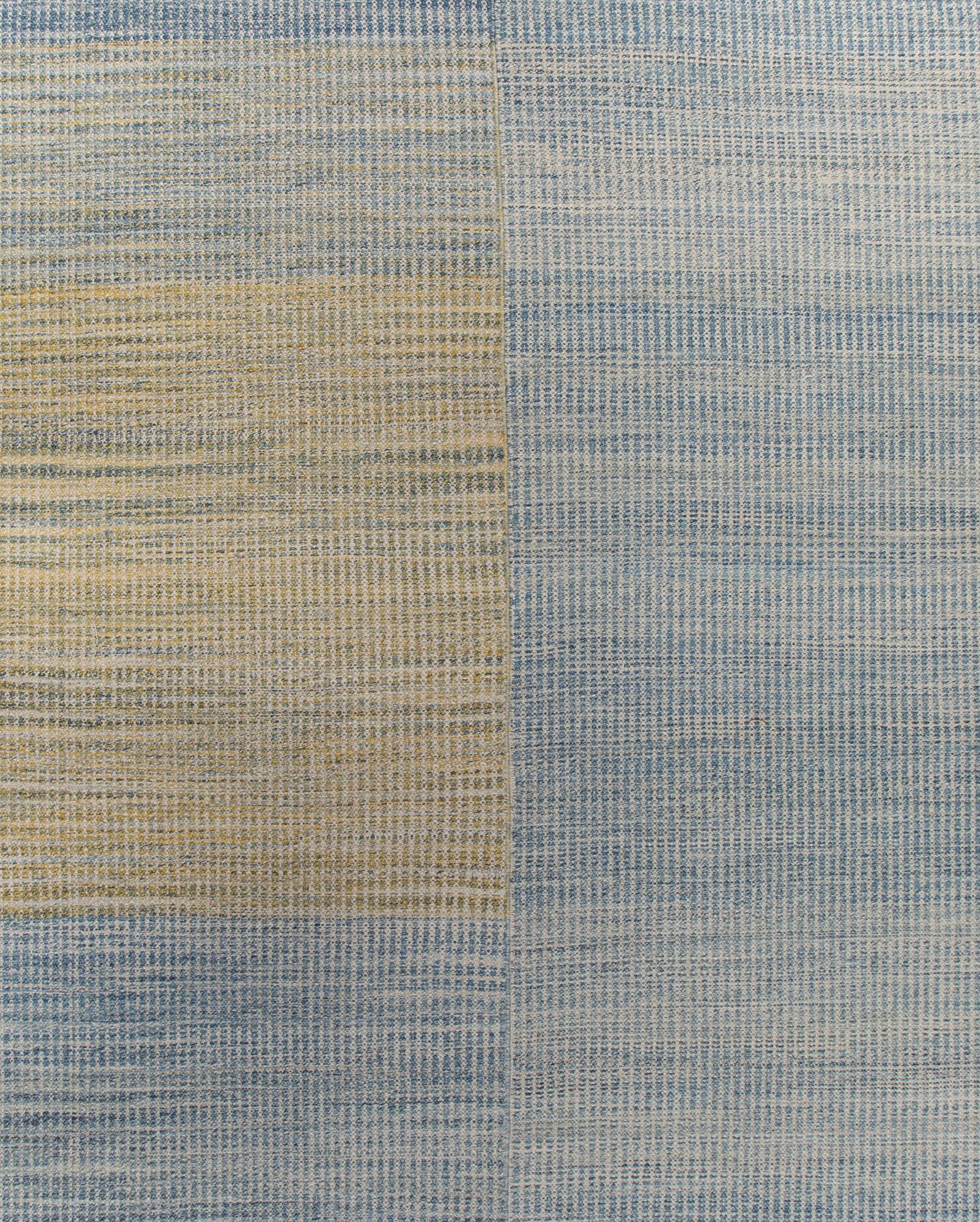 Moderner minimalistischer Flachgewebe-Wollteppich im Mid-Century-Stil in Blau und Gelb (Afghanisch) im Angebot