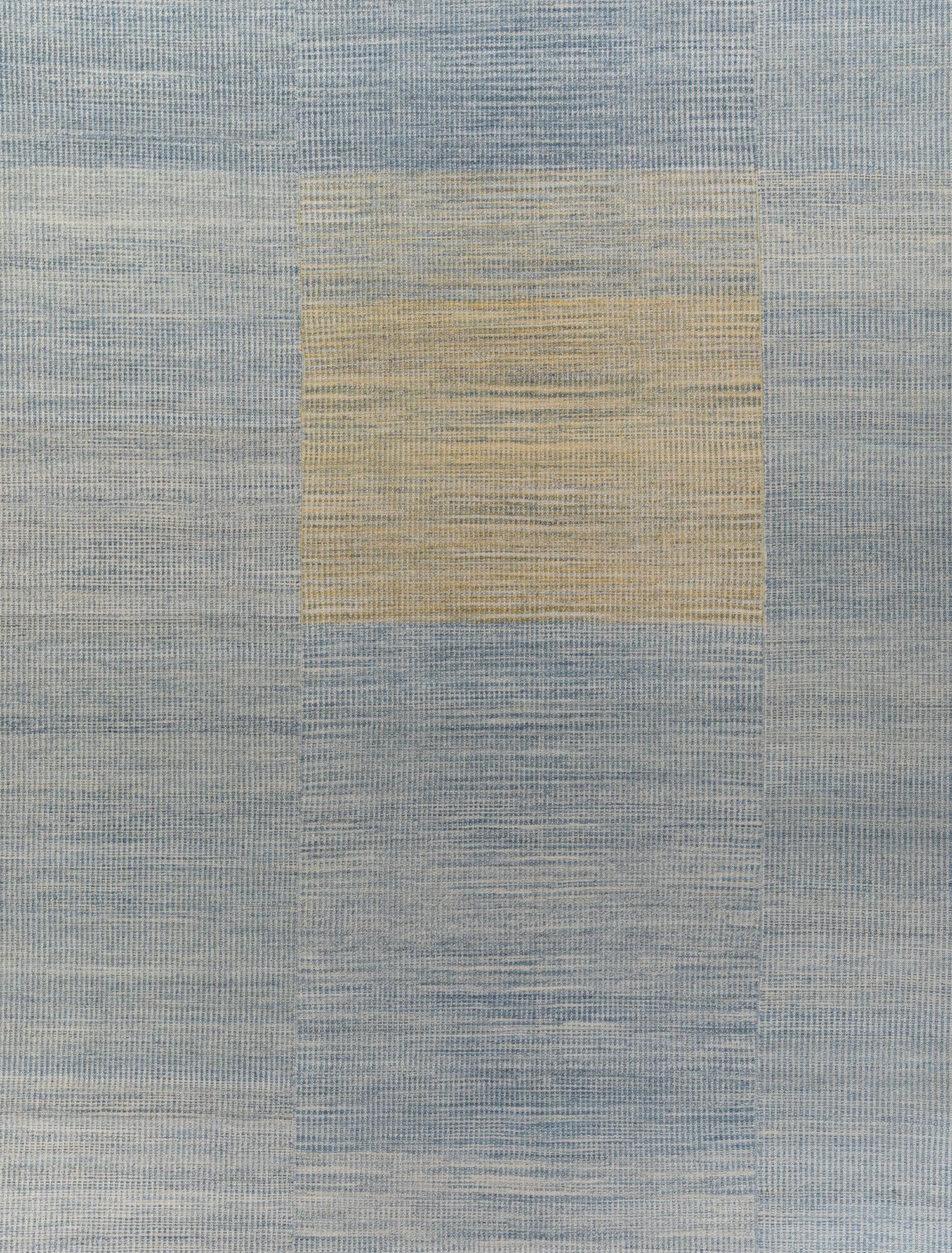 Hand-Woven Mid-Century Style Modern Minimalist Flatweave Wool Rug in Blue and Yellow For Sale