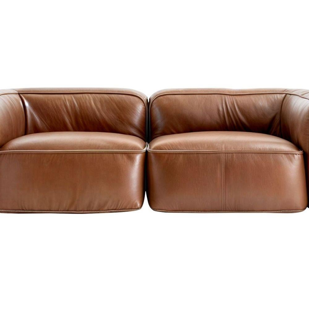 Portuguese Mid-Century Style Modern Plush Leather Sofa Retro Caramel Warm Light Brown For Sale