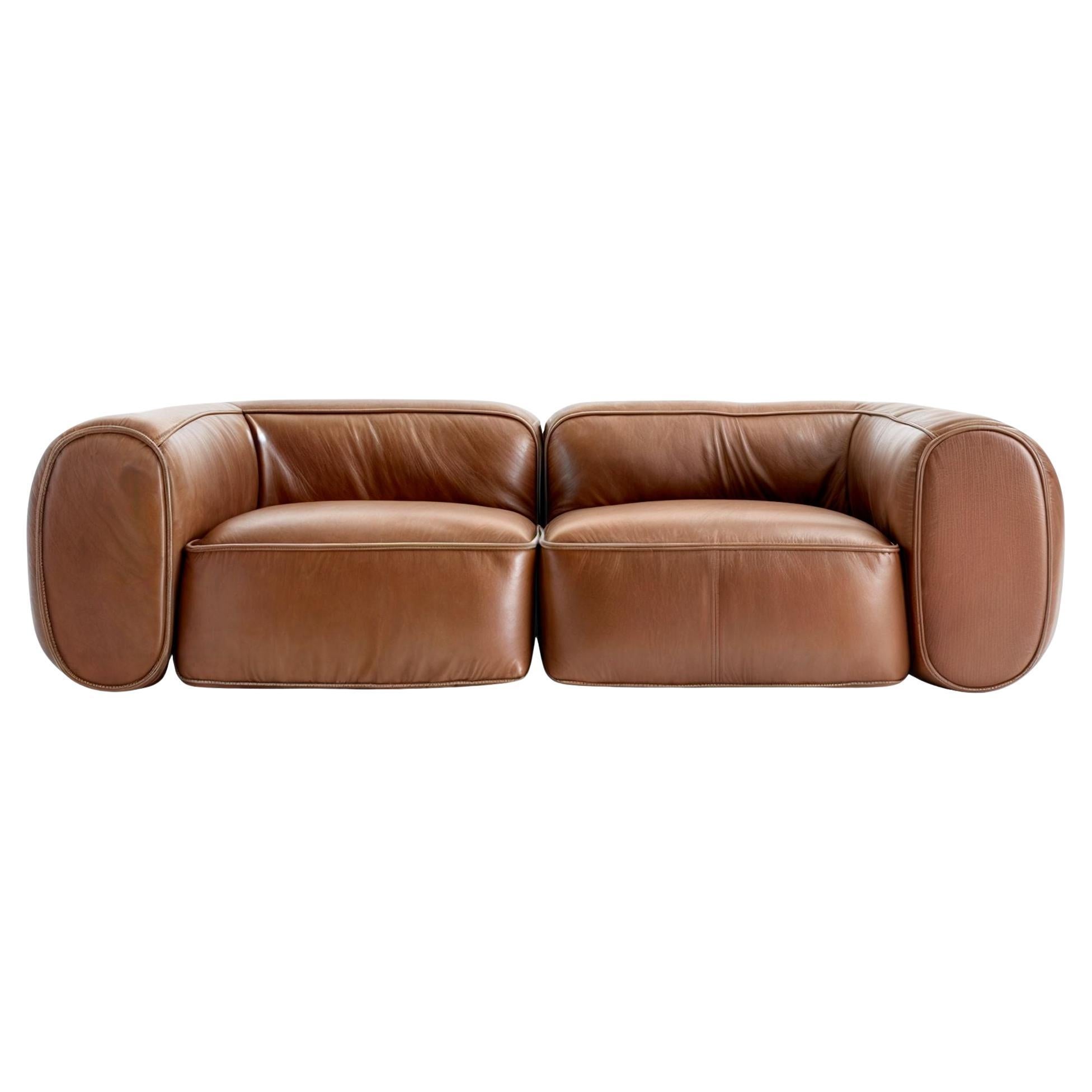 Mid-Century Style Modern Plush Leather Sofa Retro Caramel Warm Light Brown For Sale