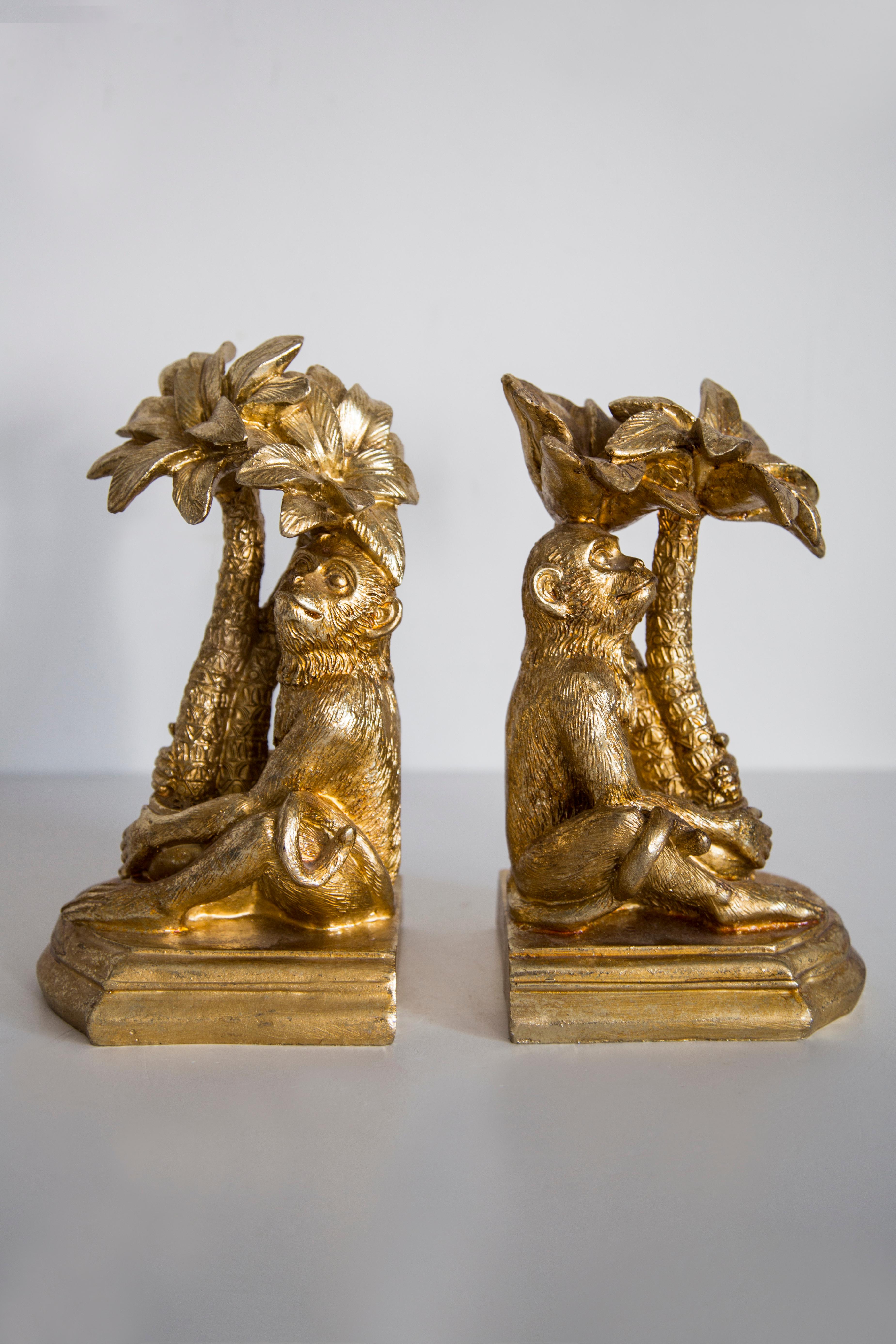 20th Century Mid Century Style Monkeys and Palms Set of 2 Bookends, Gold Gypsum, Italy, 2000s