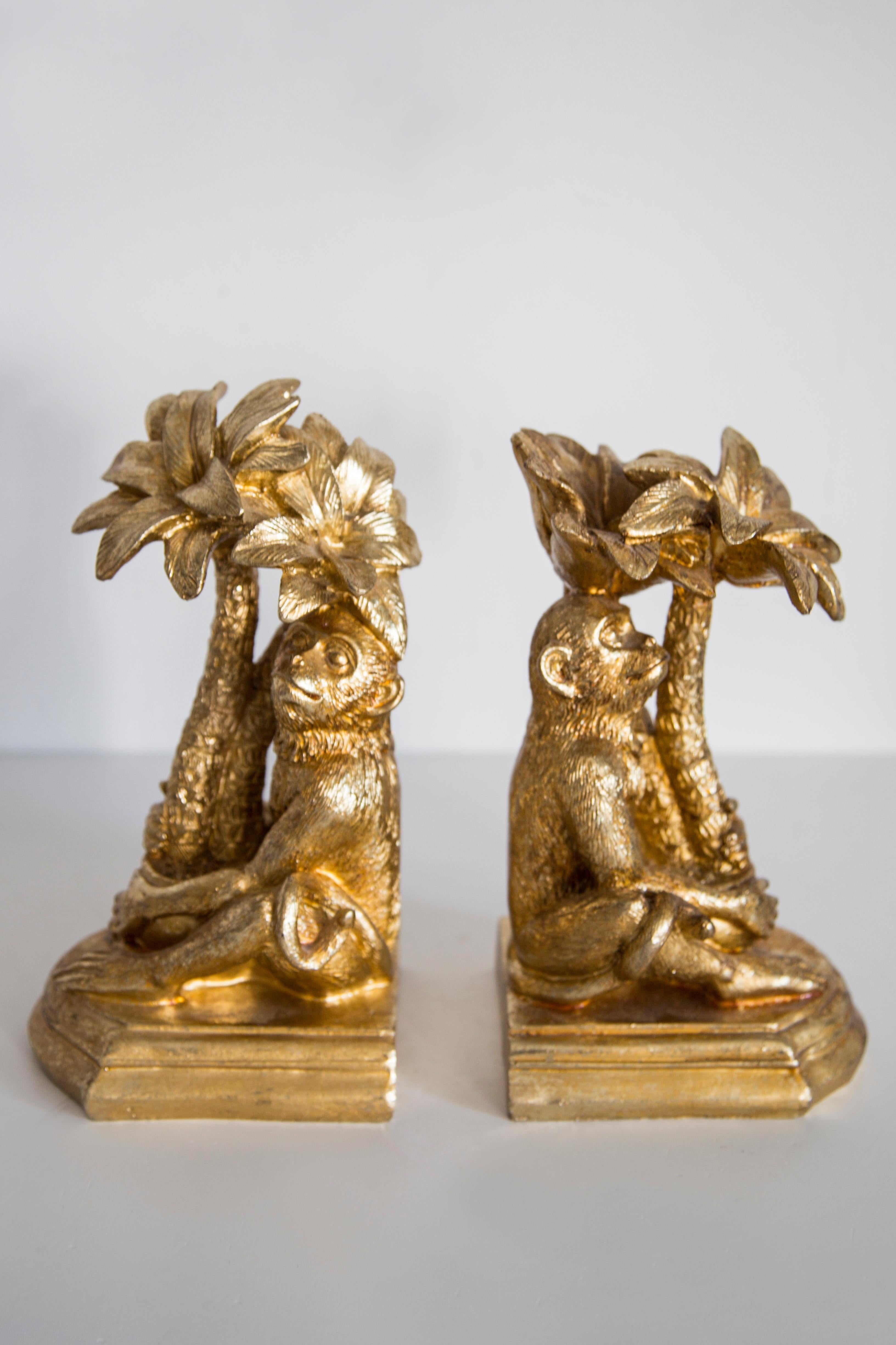 Ceramic Mid Century Style Monkeys and Palms Set of 2 Bookends, Gold Gypsum, Italy, 2000s