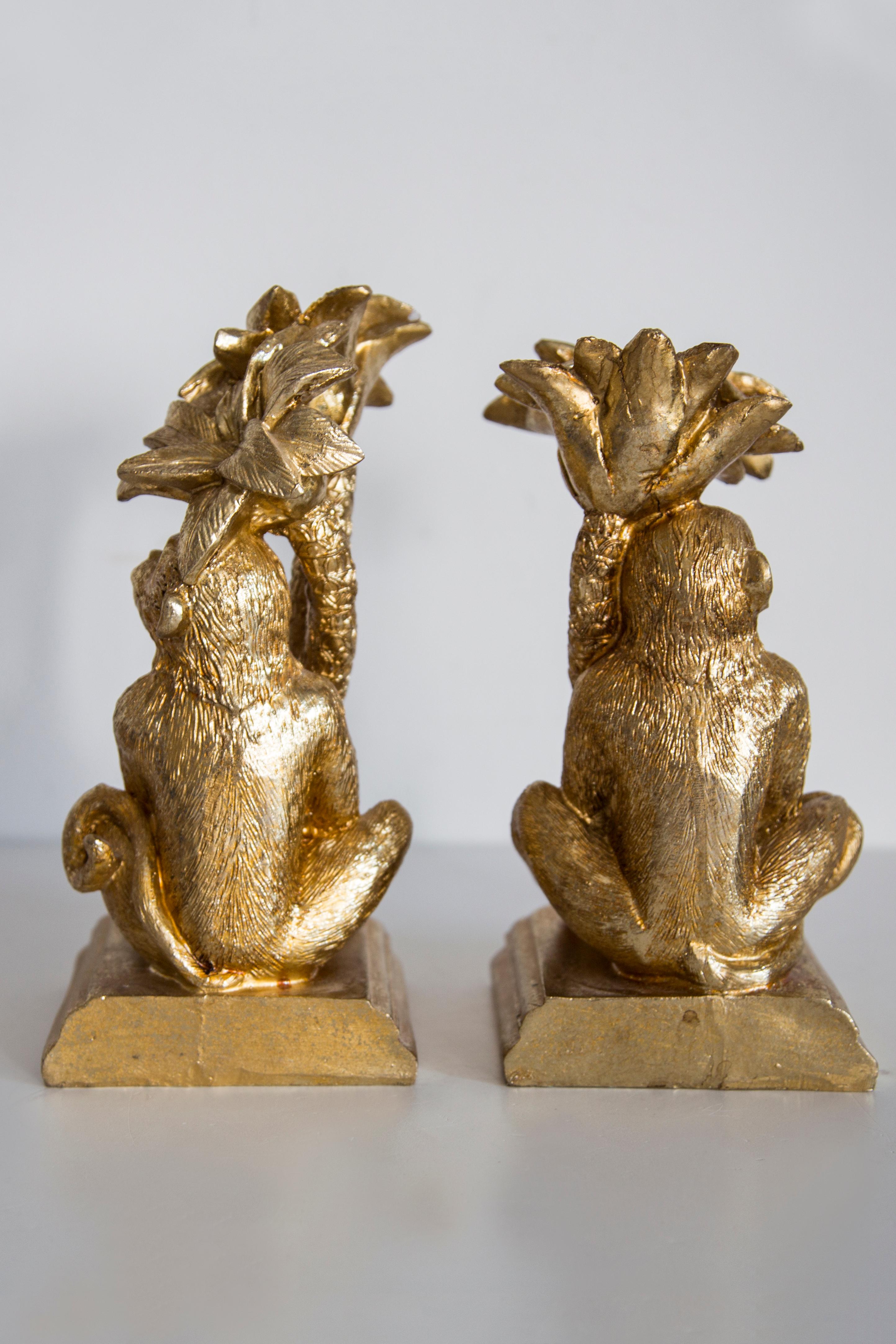 Mid Century Style Monkeys and Palms Set of 2 Bookends, Gold Gypsum, Italy, 2000s 1
