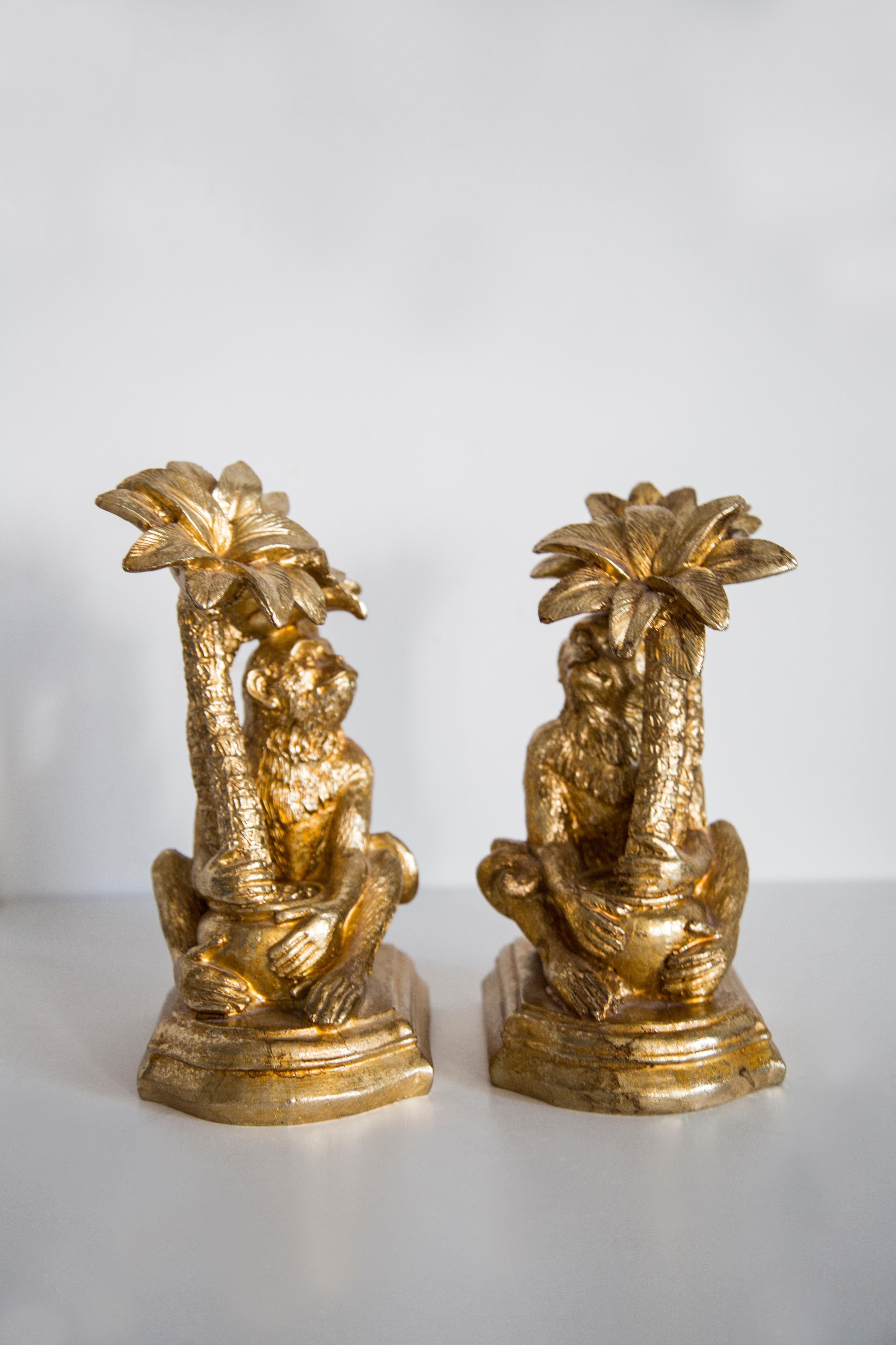 Mid Century Style Monkeys and Palms Set of 2 Bookends, Gold Gypsum, Italy, 2000s 2