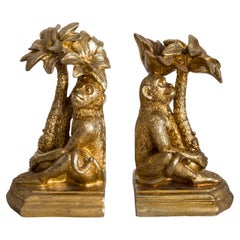 Mid Century Style Monkeys and Palms Set of 2 Bookends, Gold Gypsum, Italy, 2000s