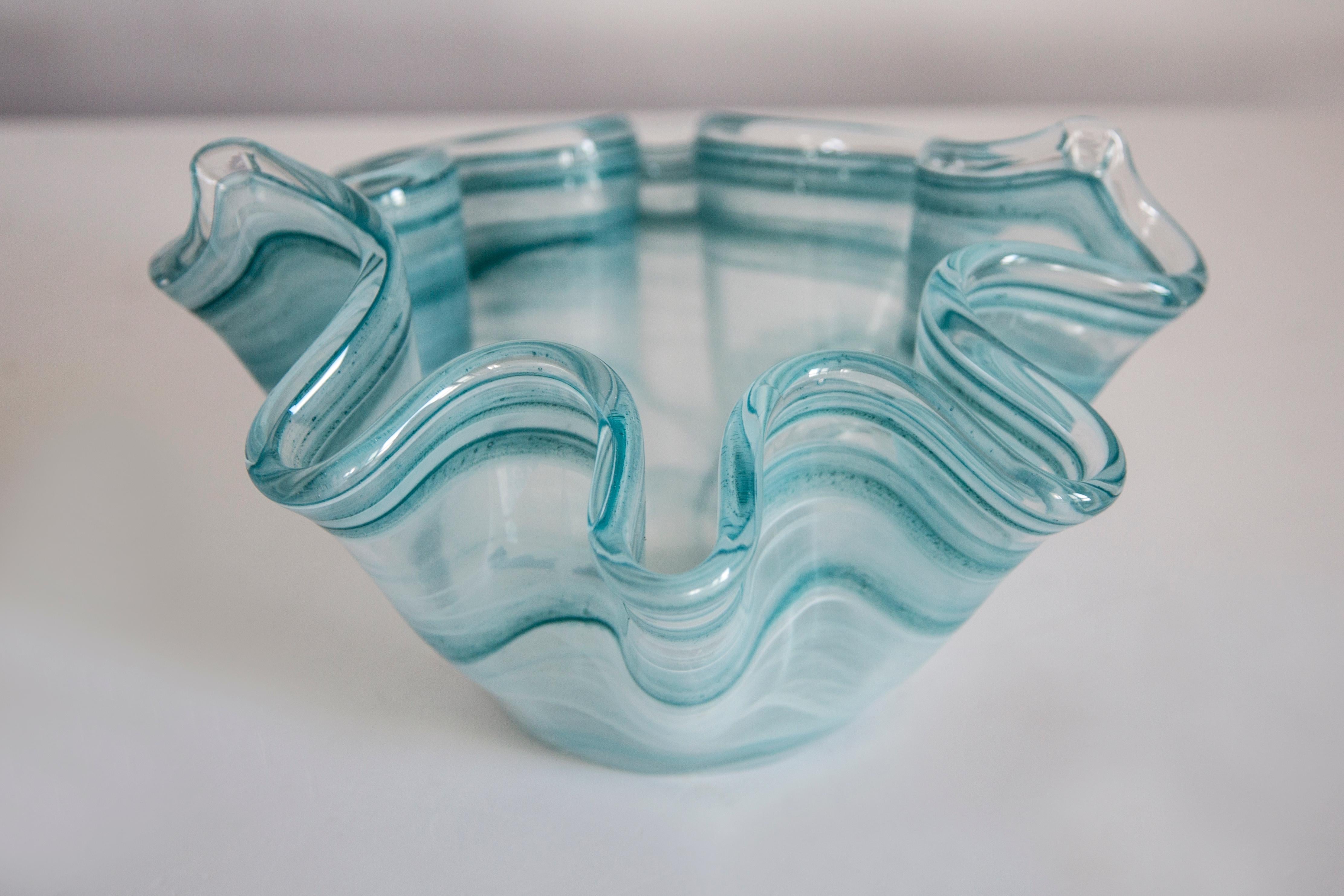 20th Century Mid Century Style Murano Glass Big Acqua Blue Green Bowl, Italy, 2000s For Sale