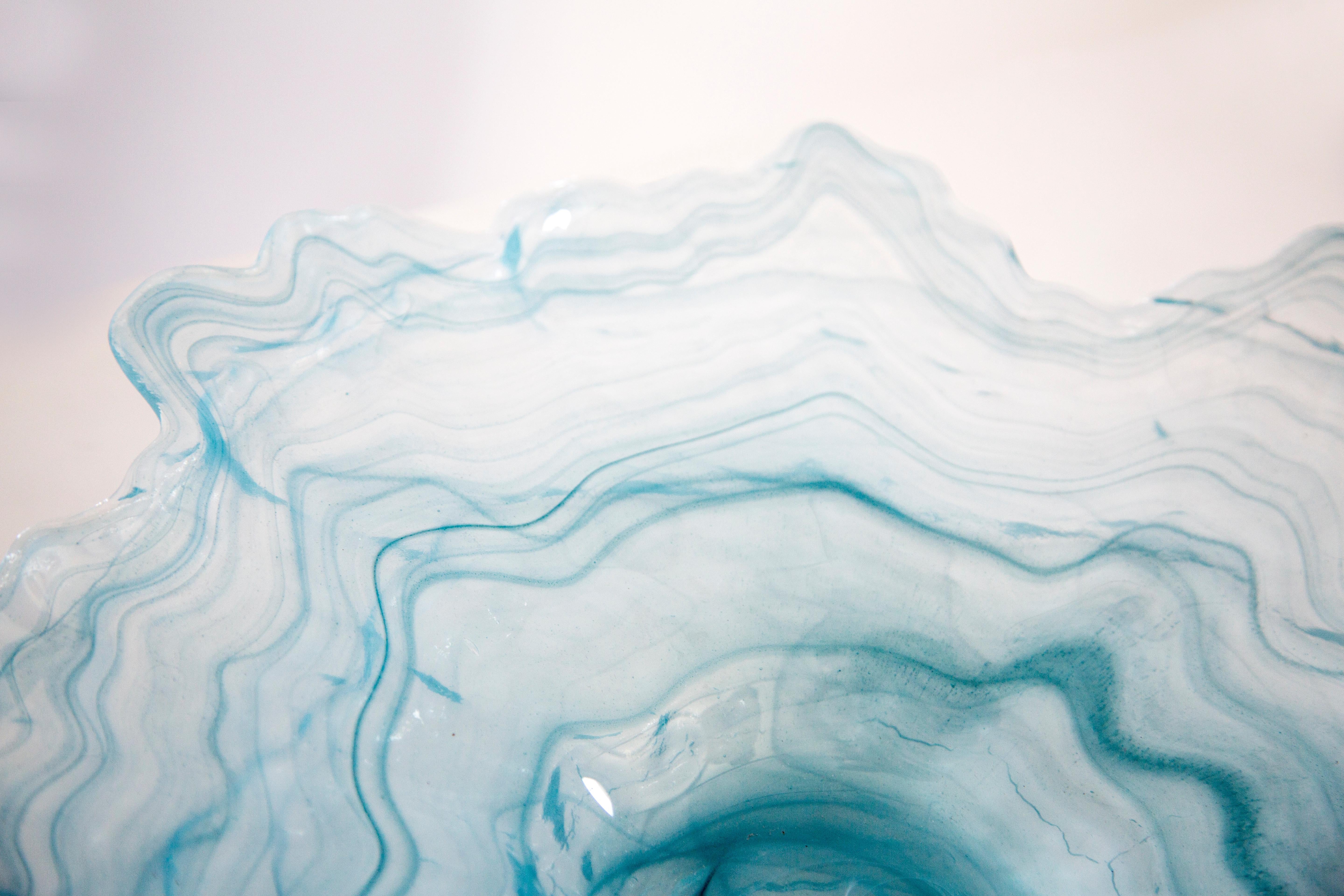 Mid Century Style Murano Glass Big White and Acqua Blue Green Bowl, Italy, 2000s For Sale 4